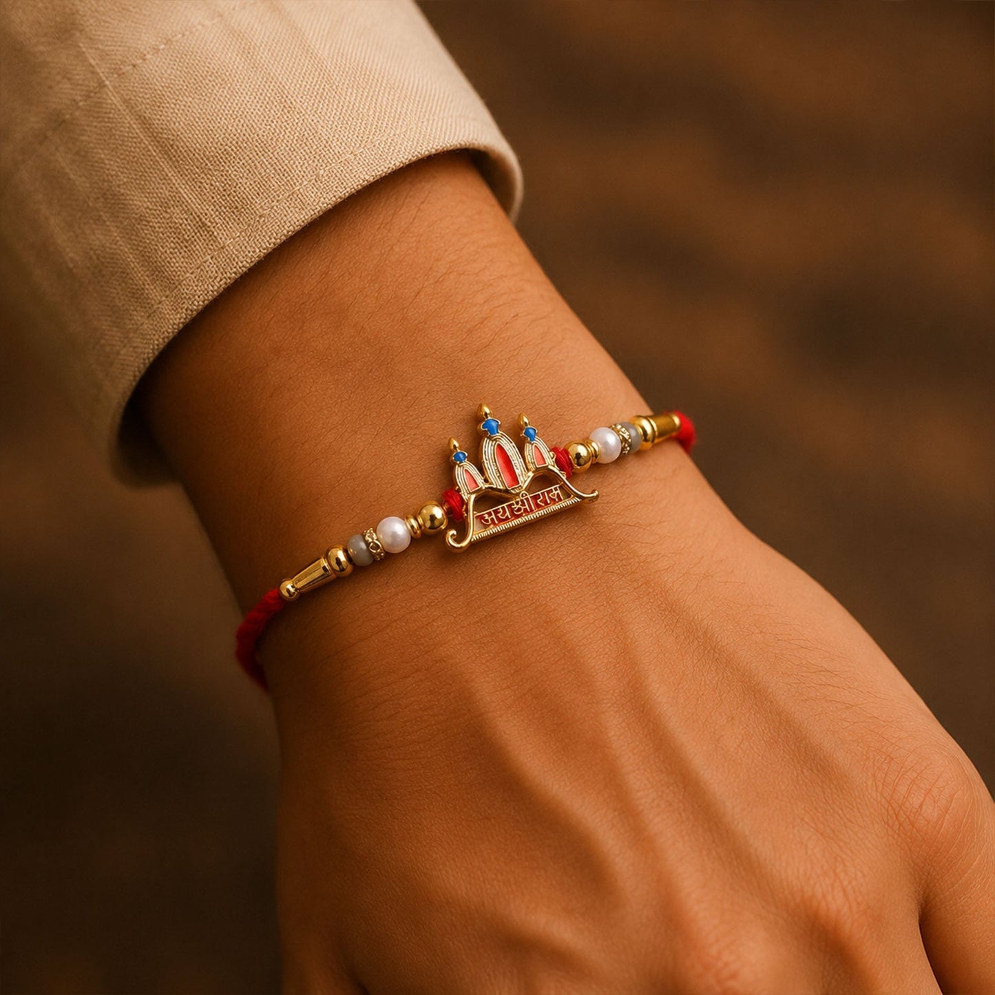 Close-up of colorful enamel work on Ram Mandir Rakhi for festival gifting