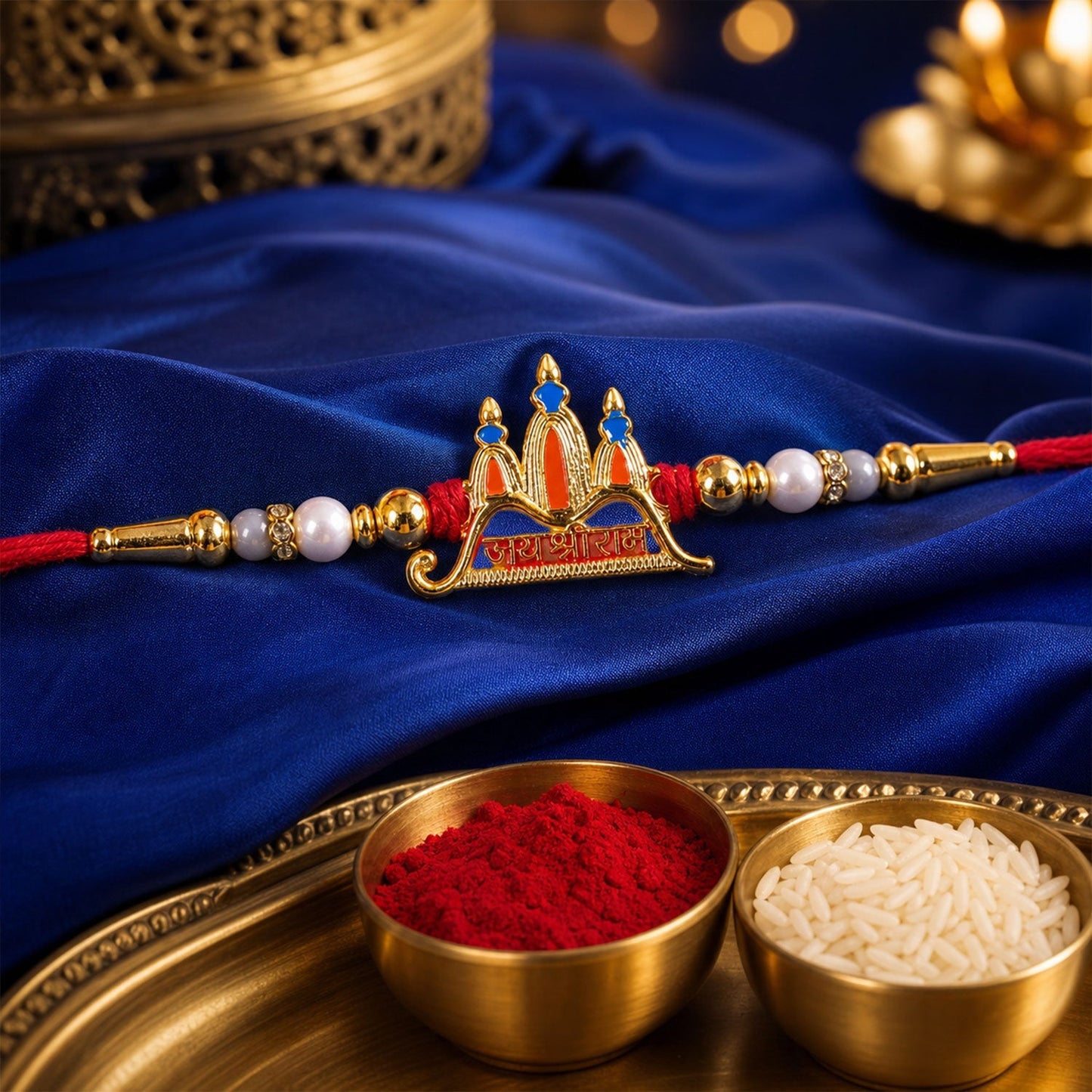 Decorative Ram Mandir enamel rakhi with gold-tone finish for Raksha Bandhan