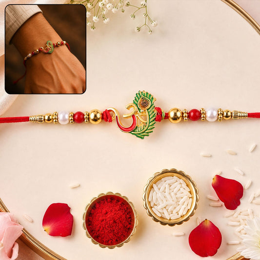 Elegant Om Peacock Feather Green Enamel Rakhi with intricate design