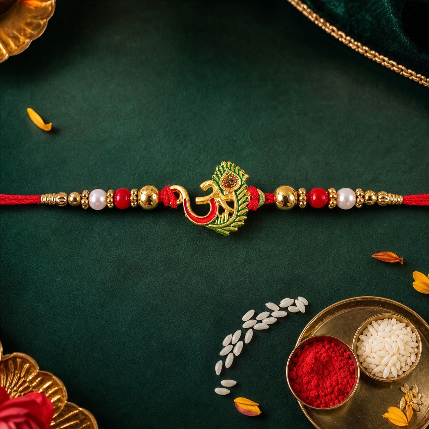 Vibrant green enamel Rakhi with peacock feather motif for Rakshabandhan