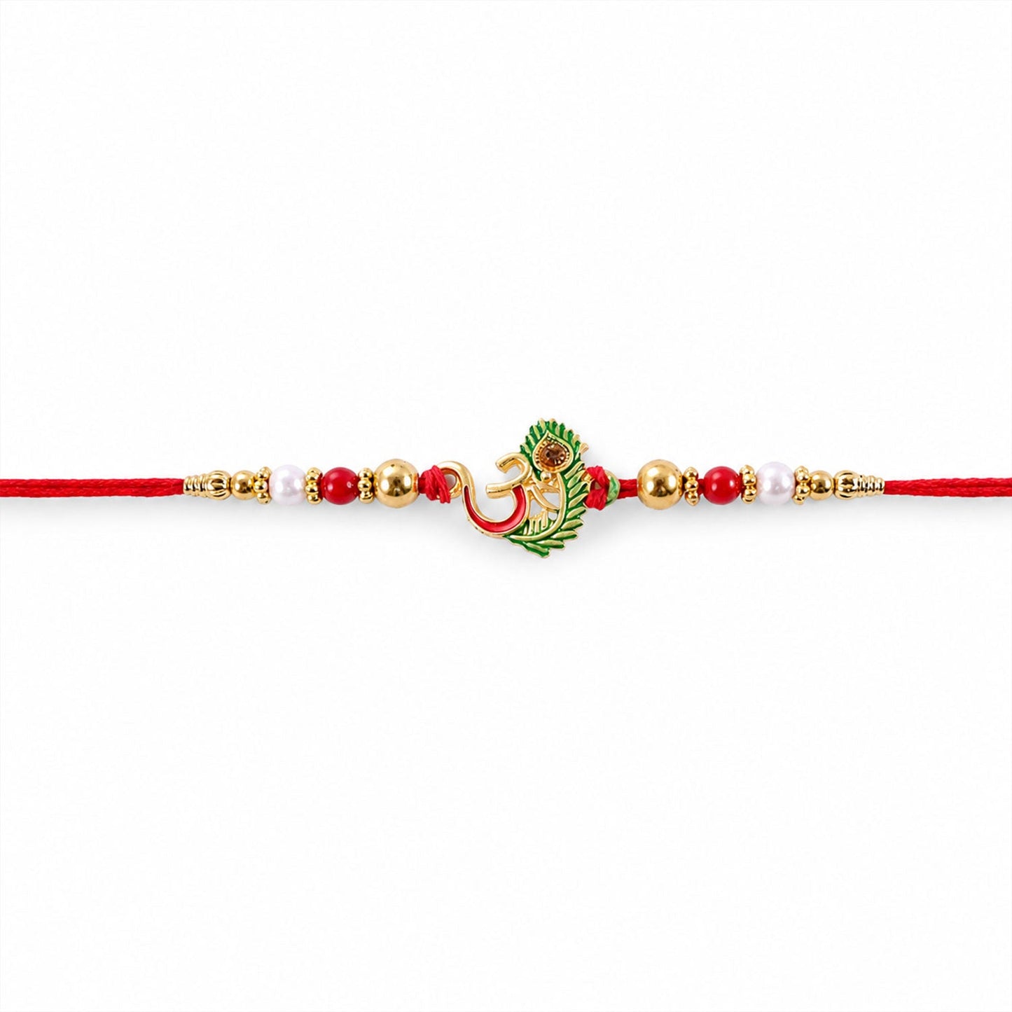 Beautifully crafted Om Peacock Feather Green Enamel Rakhi detail