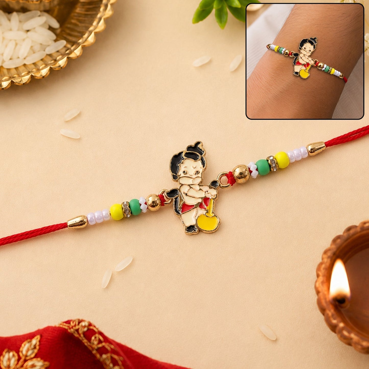 Colorful bead Rakhi featuring Lord Hanuman symbol for Raksha Bandhan celebrations