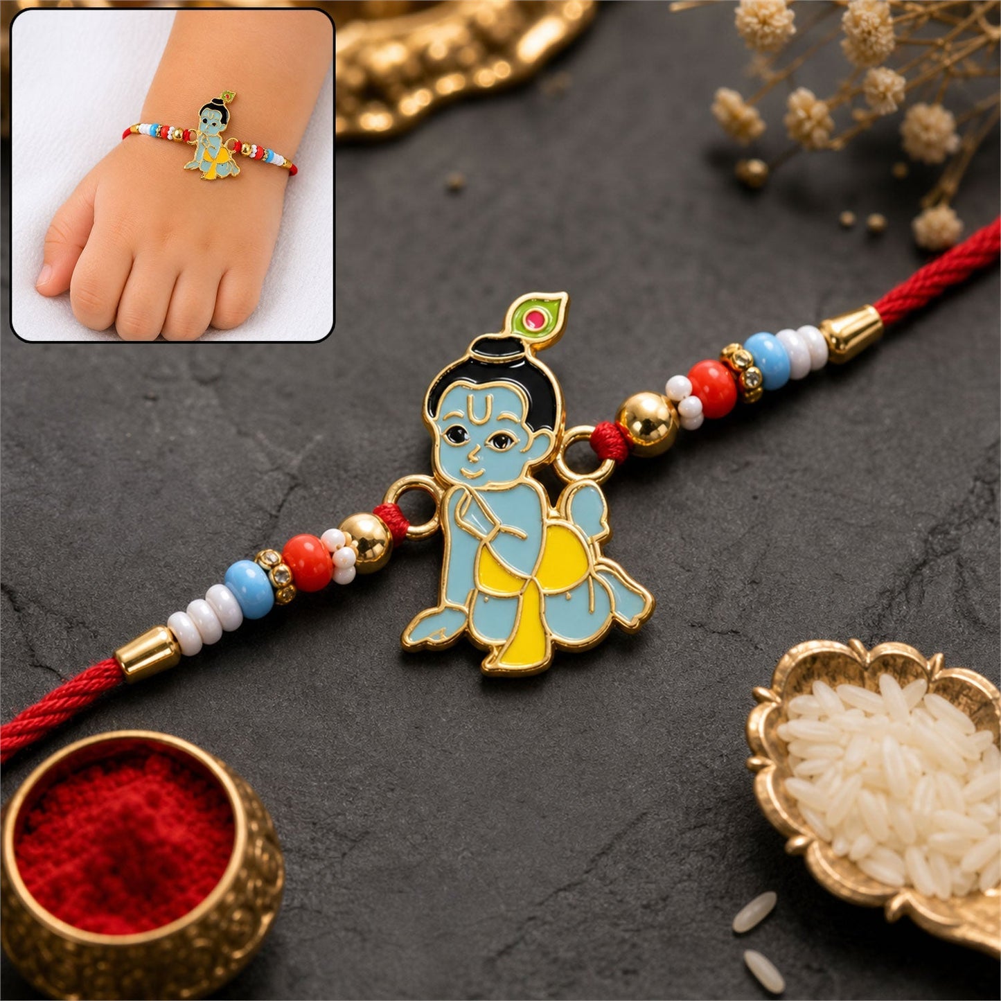Close-up of Lord Krishna blue enamel multicolor Rakhi with intricate design