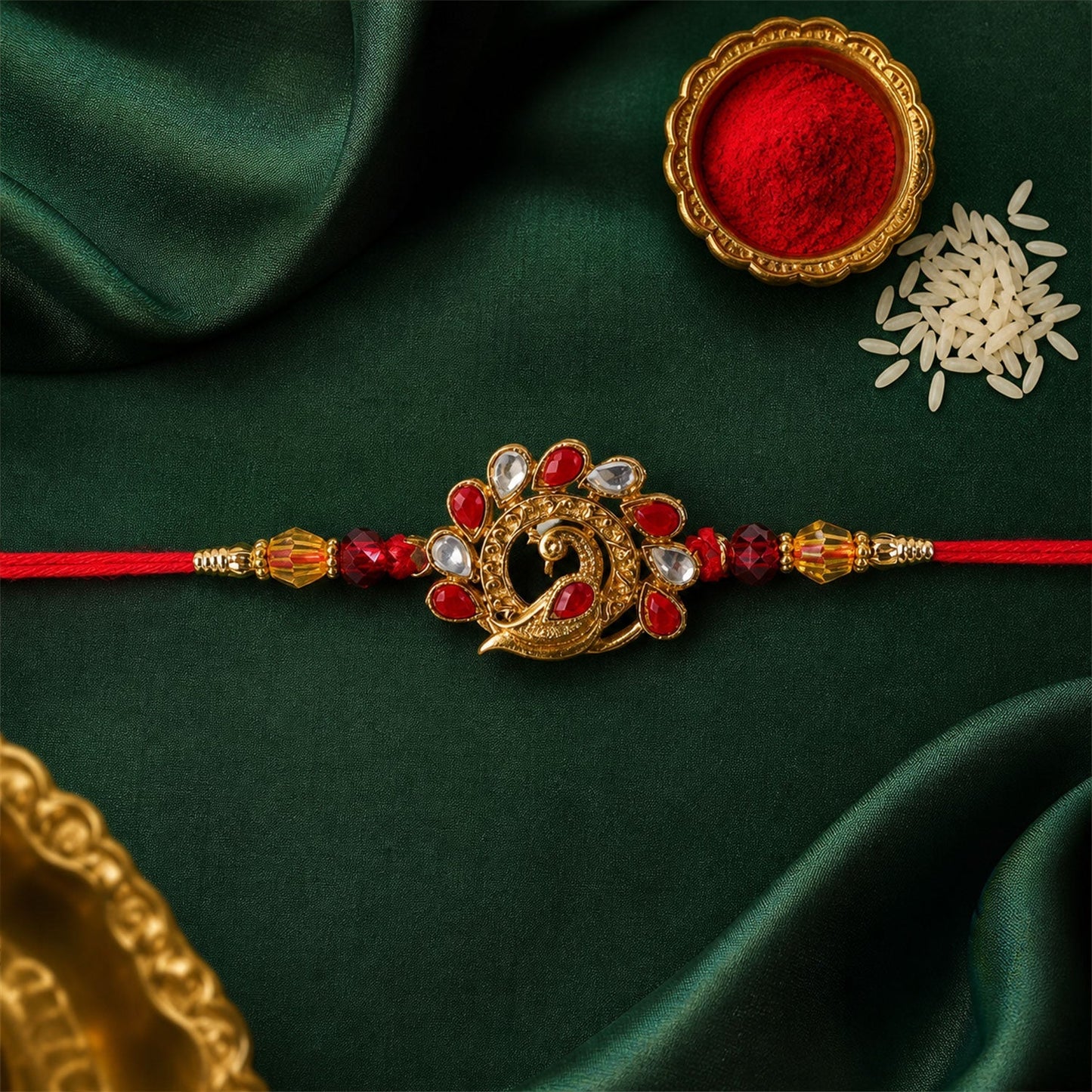 Beautiful Peacock Rakhi adorned with red stones, offering a traditional touch for Raksha Bandhan.