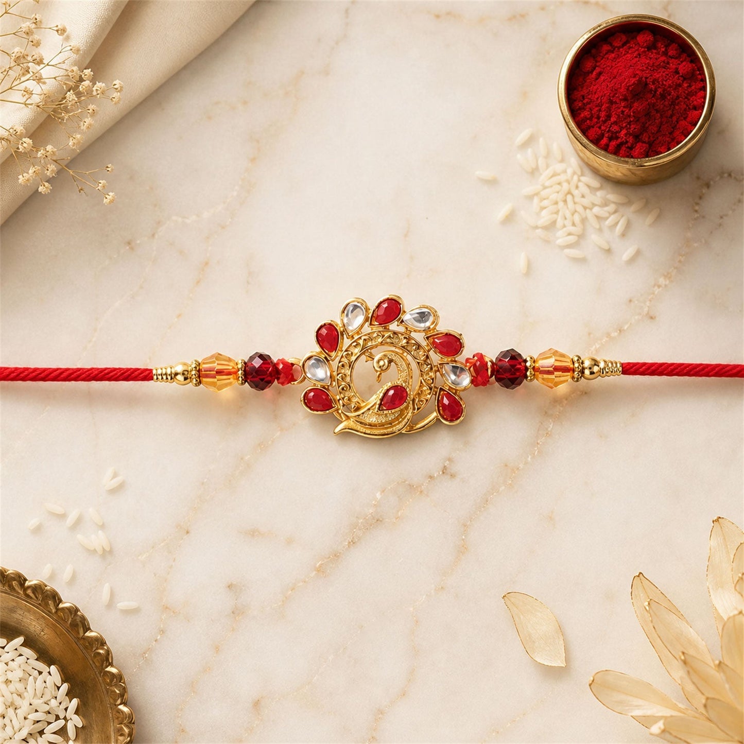 Elegant Peacock Rakhi with vibrant red stones, symbolising love and protection for brother.