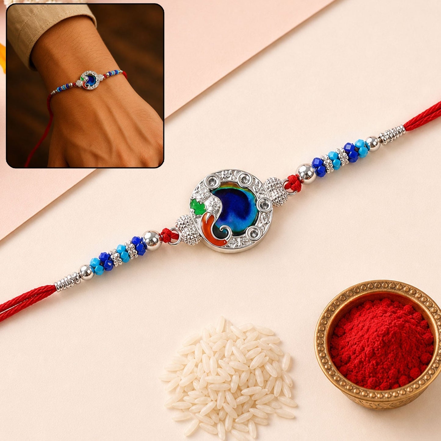 Elegant Peacock Blue Stone Rakhi with silver-tone thread, perfect for Raksha Bandhan celebrations.