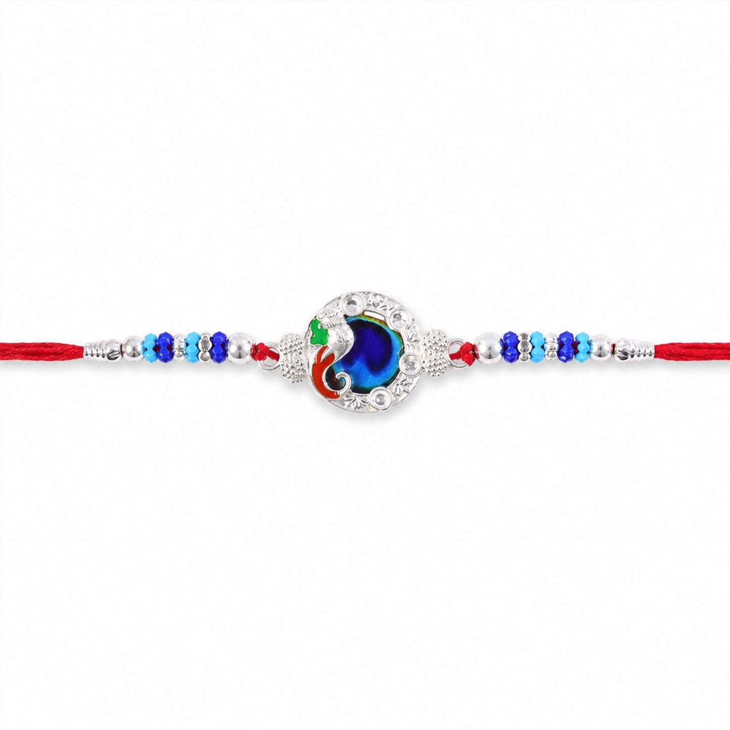 Stylish Rakhi design with peacock theme and blue accents for brothers.