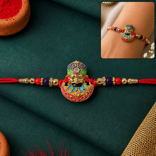 Colorful religion face multicolor enamel rakhi with gold tone finish, festive sibling gift
