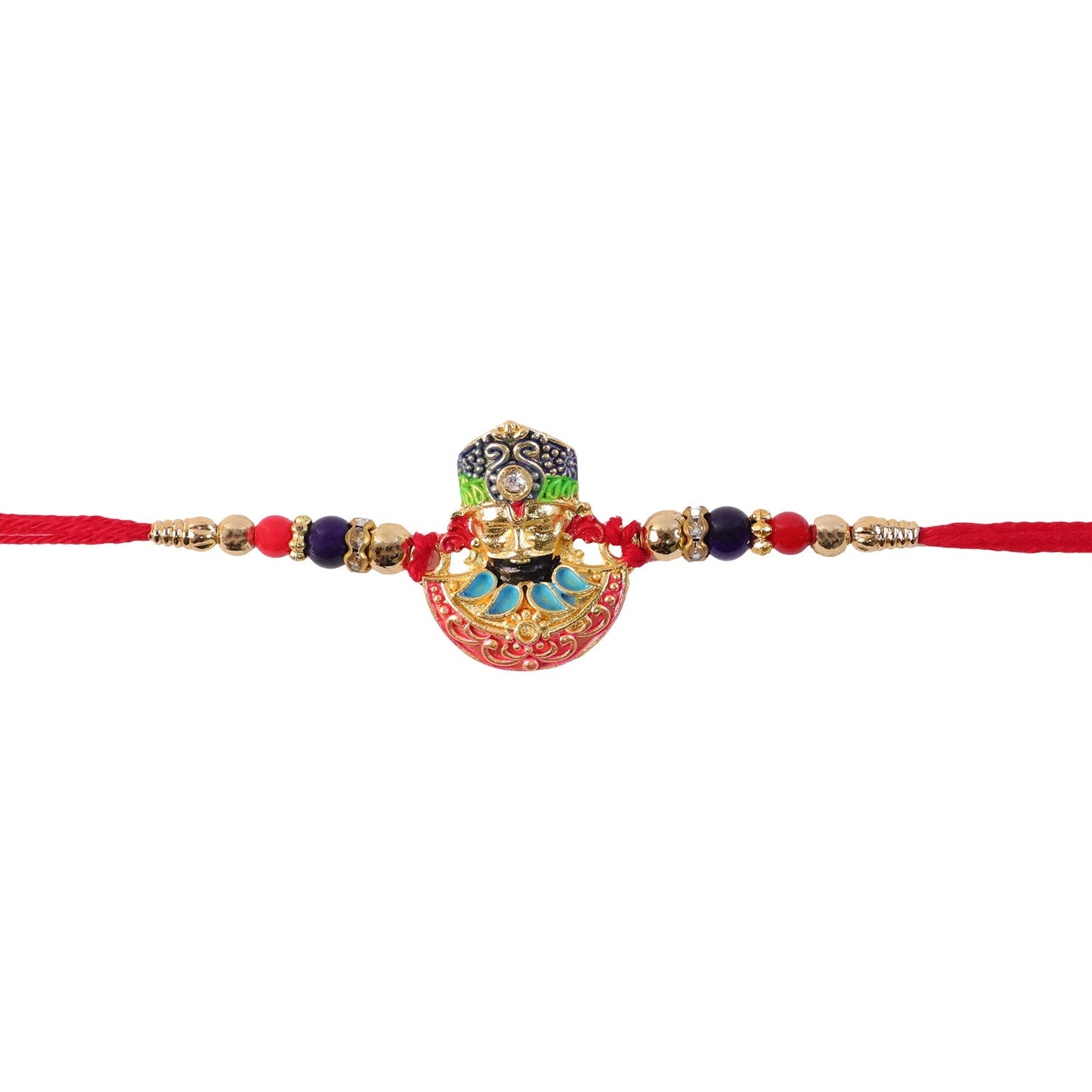 Festive colorful enamel rakhi with religious motifs and gold tone detailing