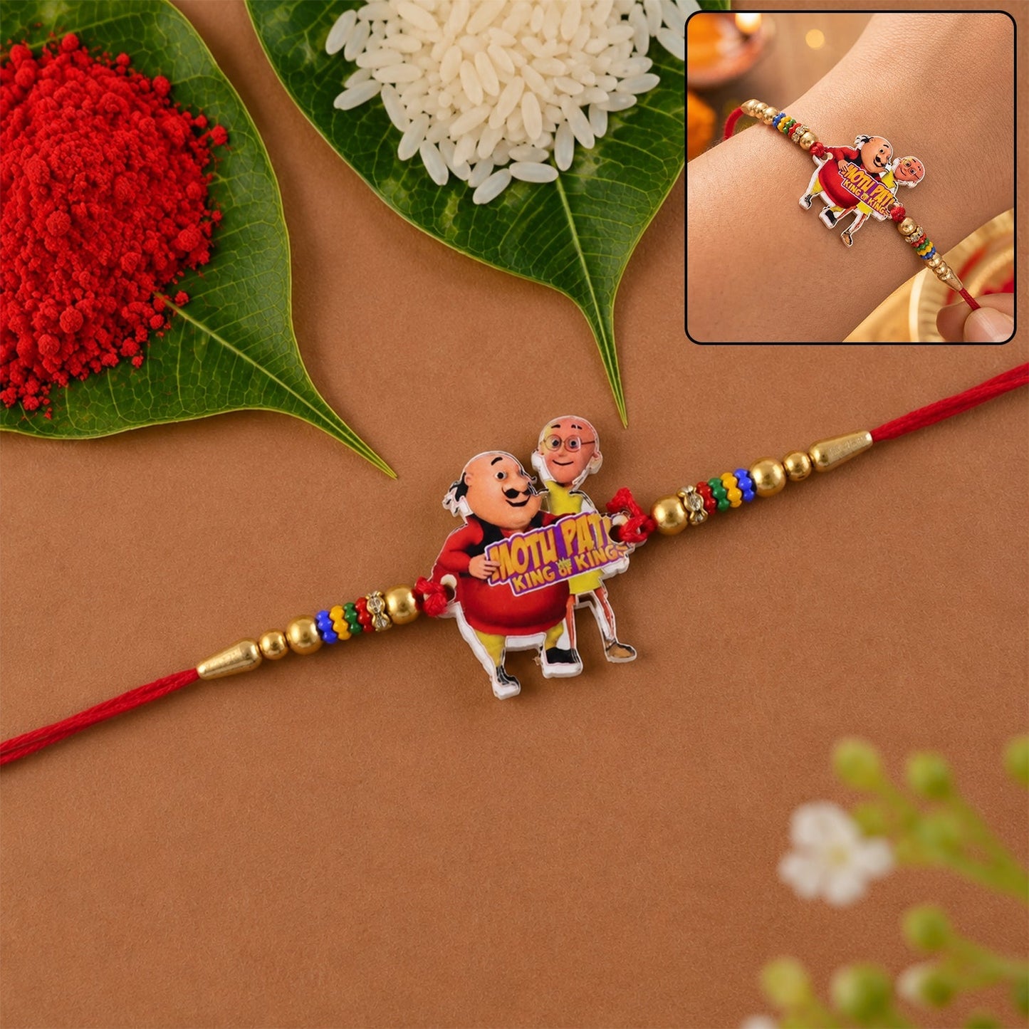 Vibrant cartoon character multicolor bead rakhi for brother on Rakshabandhan