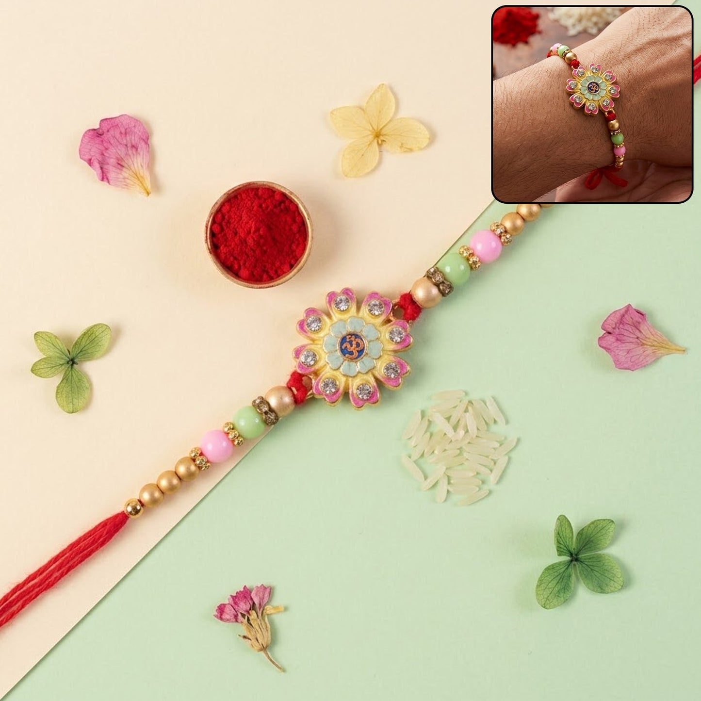 Multicolor floral Om Meenakari Rakhi with tassel for brother