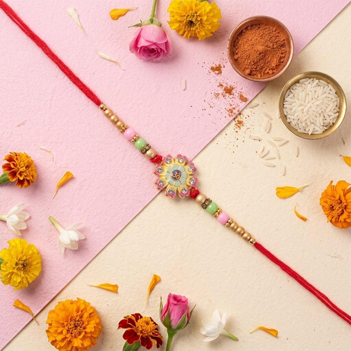 Side view of multicolor floral Rakhi showing thread detail
