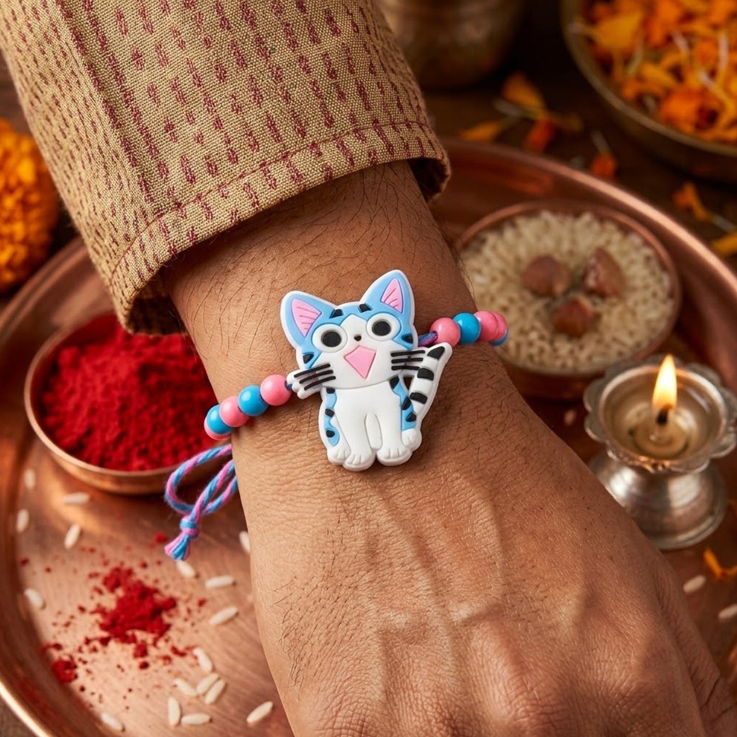 Close-up of cartoon kitty cat rakhi showing detailed design