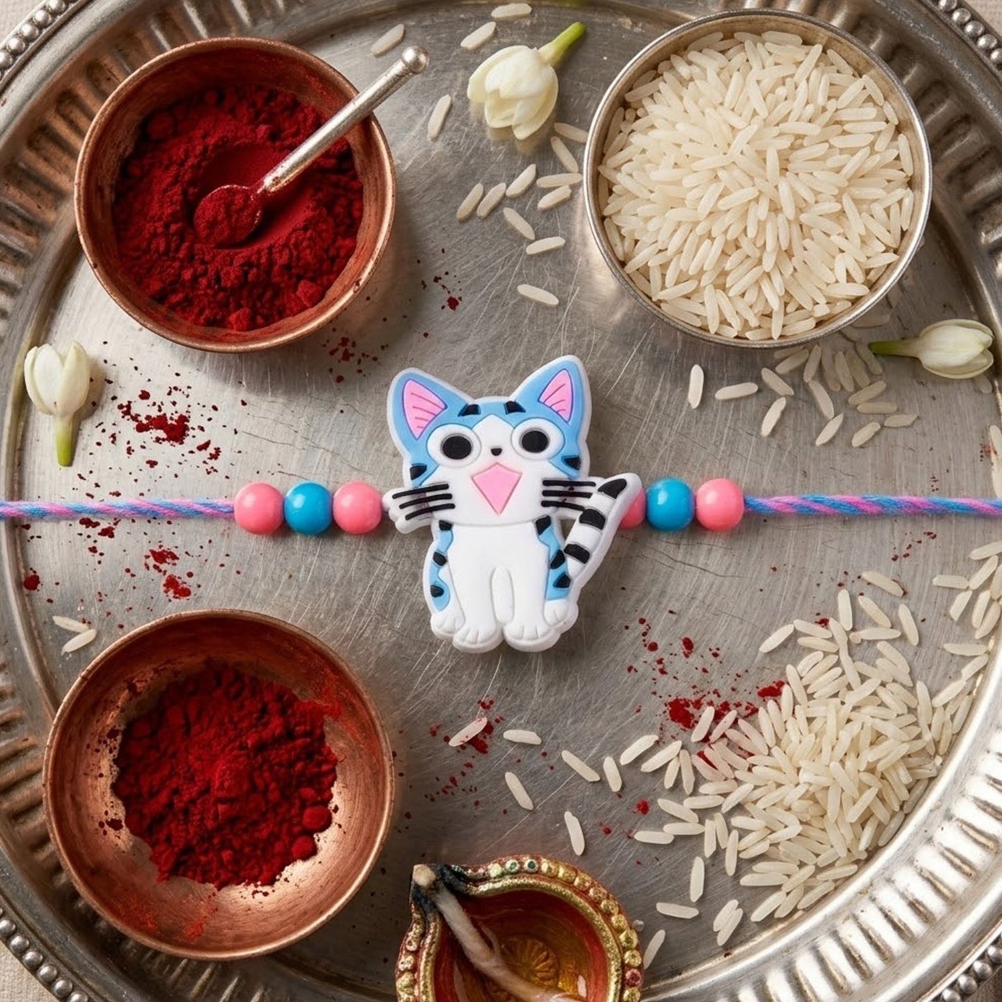 Festive rakhi with cartoon kitty cat motif on comfortable thread