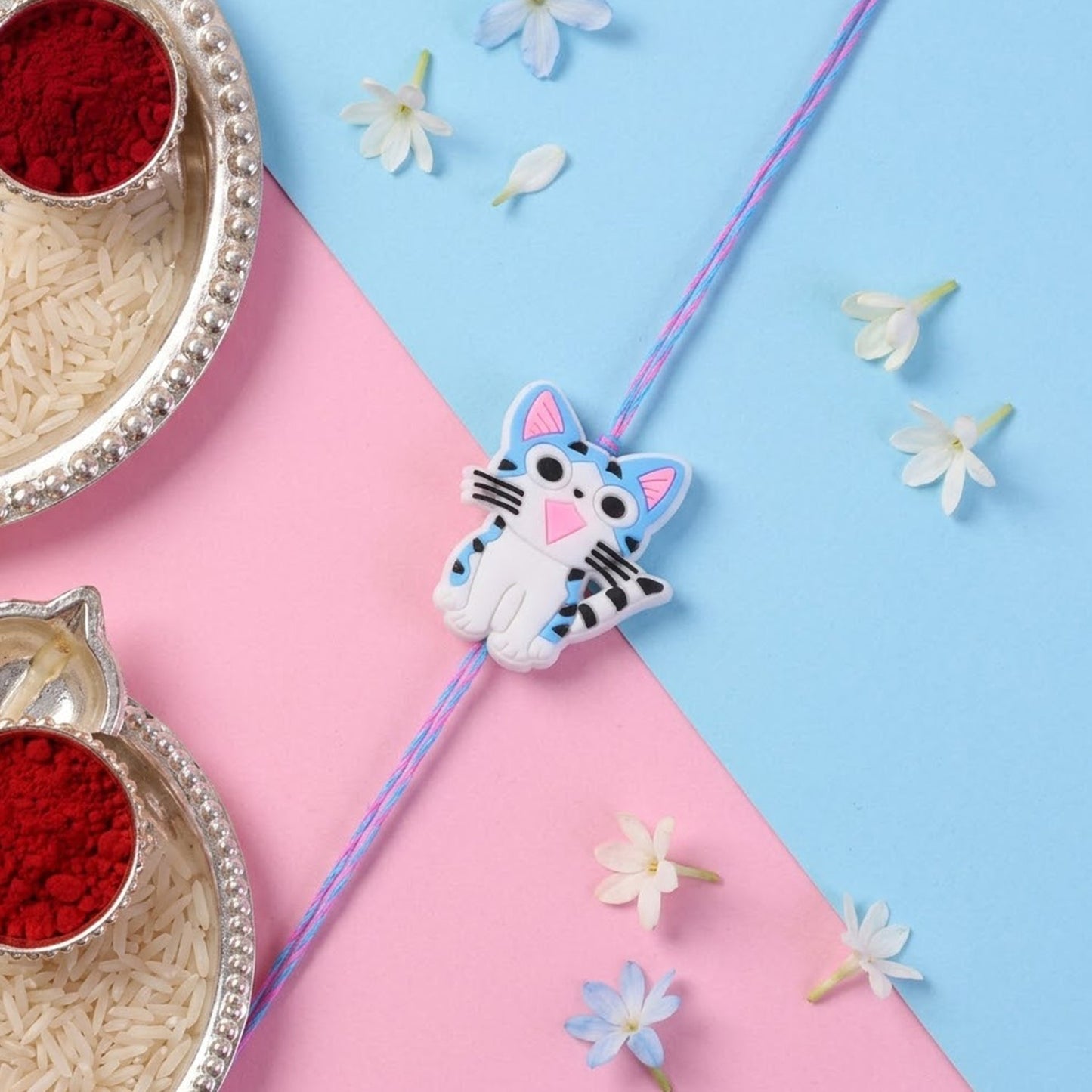 Side view of cute kids rakhi featuring cartoon kitty cat design