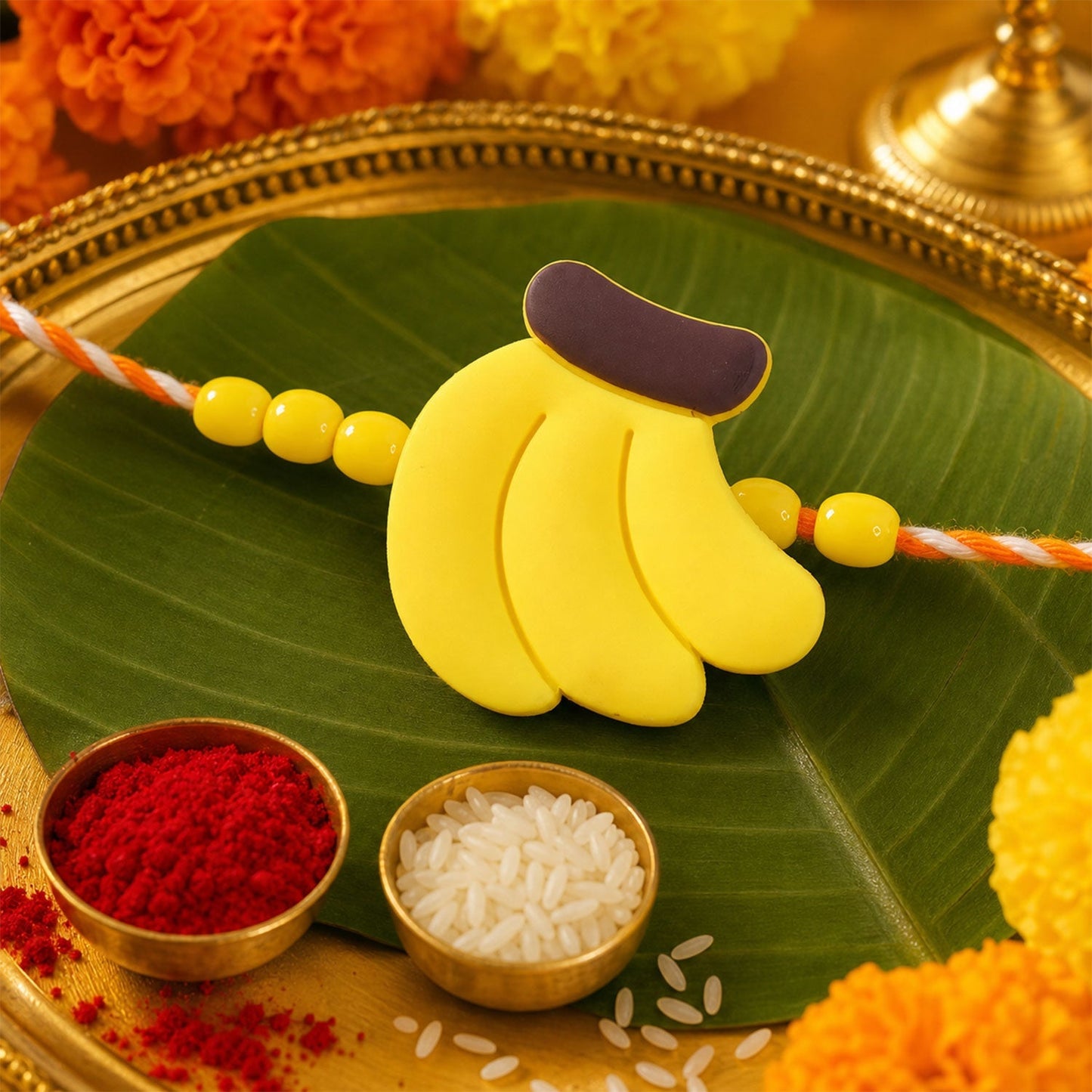 Child wearing a yellow banana Rakhi on wrist