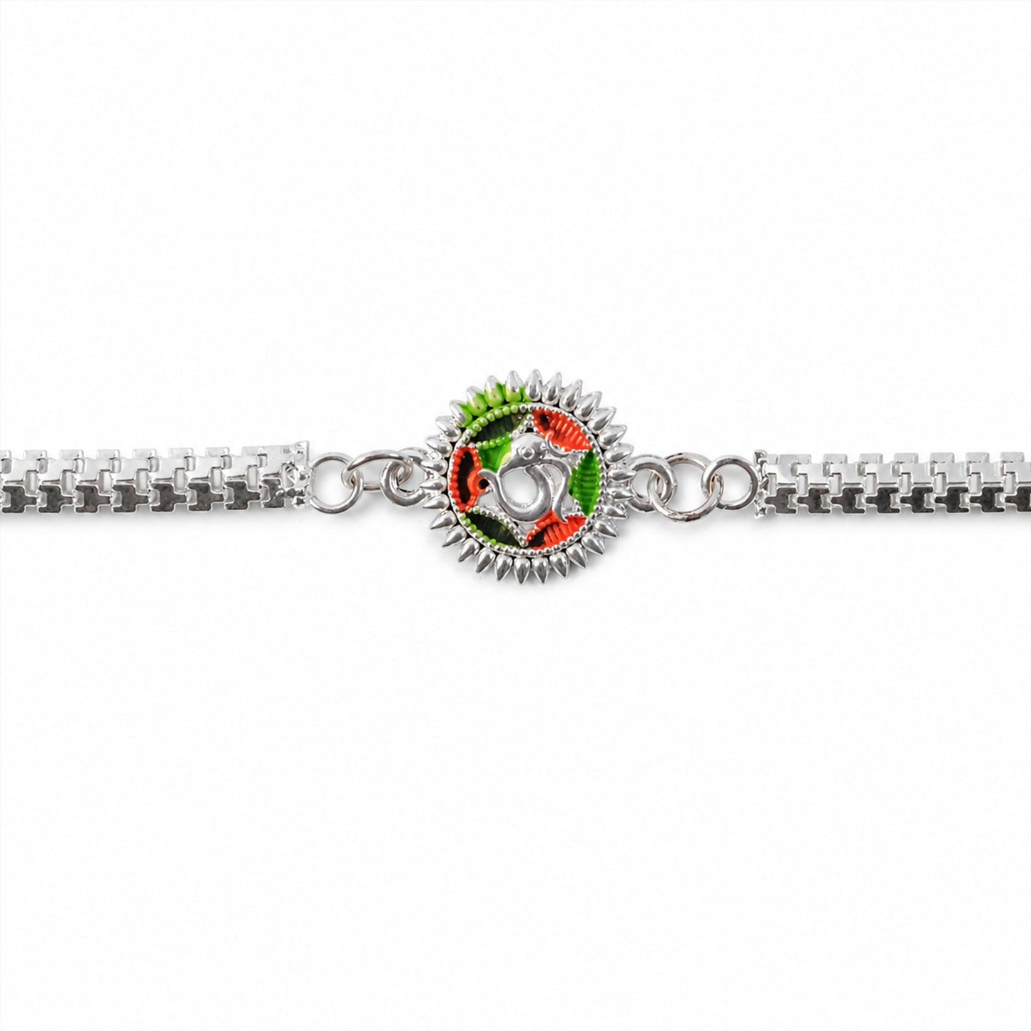 Back view of Silver Oxidized Om Rakhi showing comfortable thread