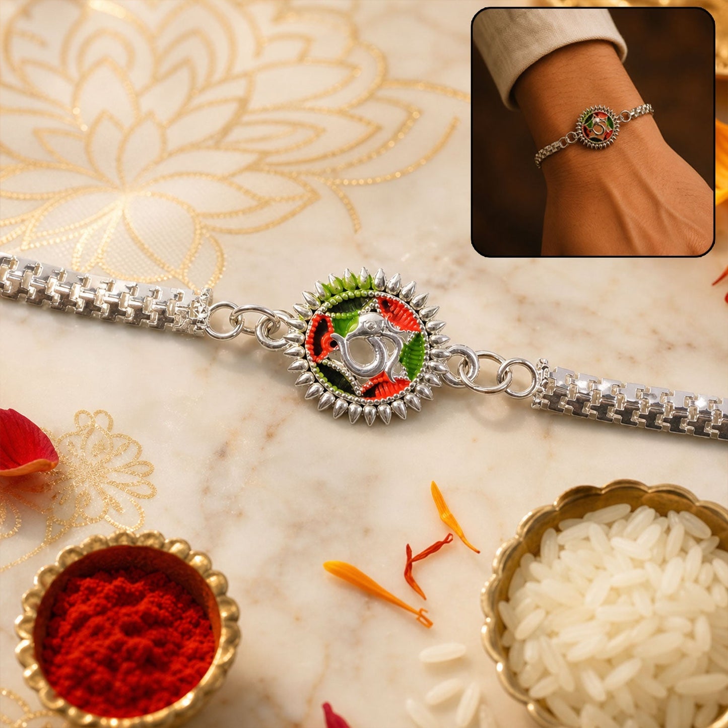 Silver Oxidized Meenakari Om Rakhi with Sunray Design for Raksha Bandhan