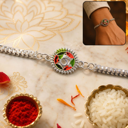 Silver Oxidized Meenakari Om Rakhi with Sunray Design for Raksha Bandhan