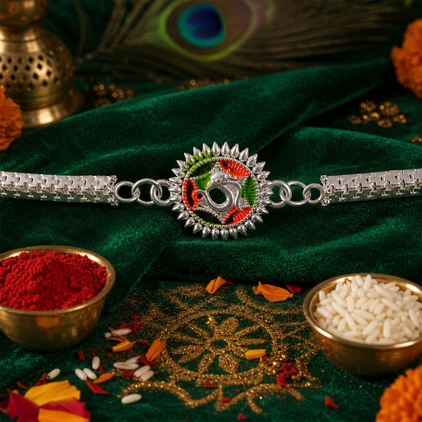 Multiple Silver Oxidized Meenakari Om Rakhis displayed for Raksha Bandhan