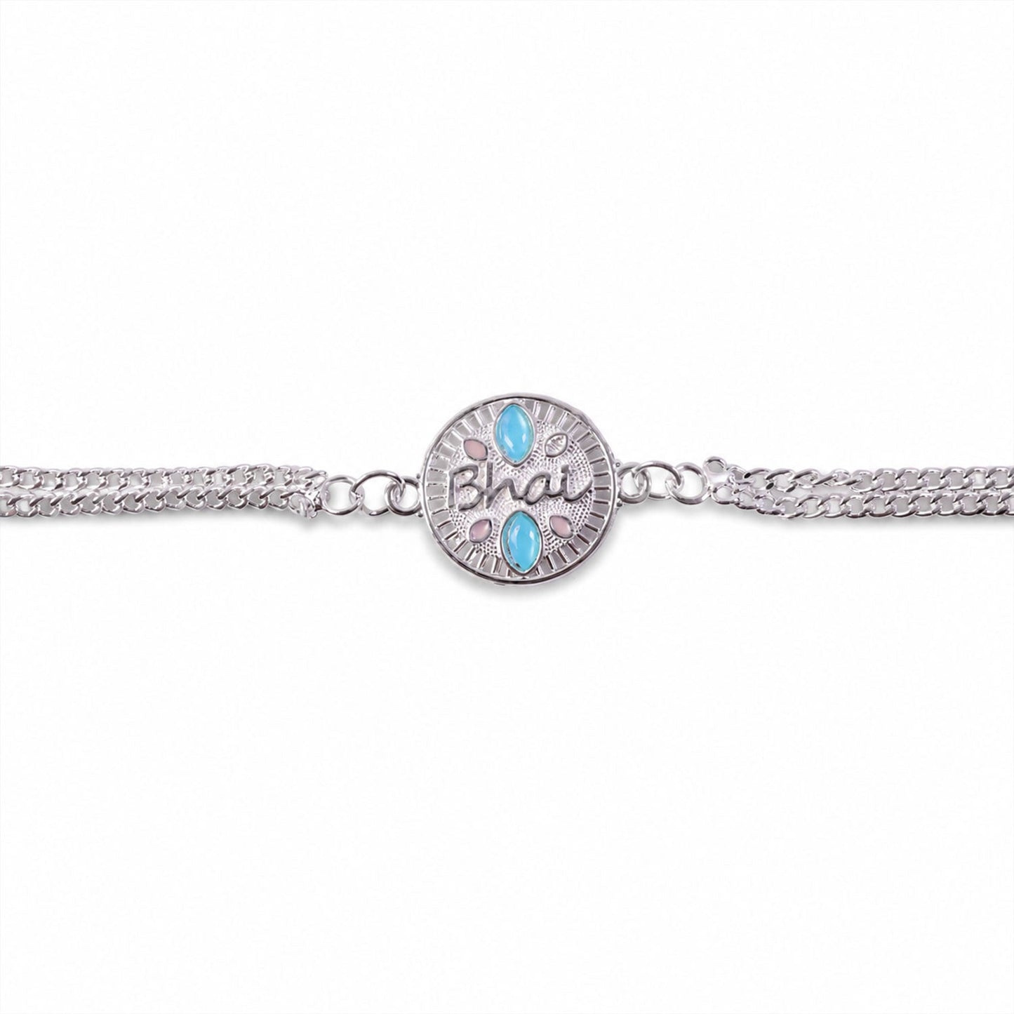 Silver chain floral rakhi with traditional Raksha Bandhan sweets