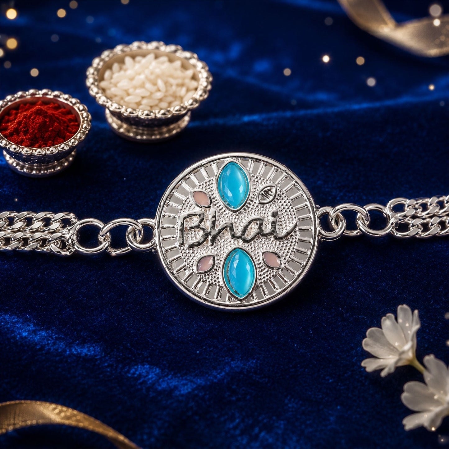 Silver chain floral rakhi presented on a festive tray