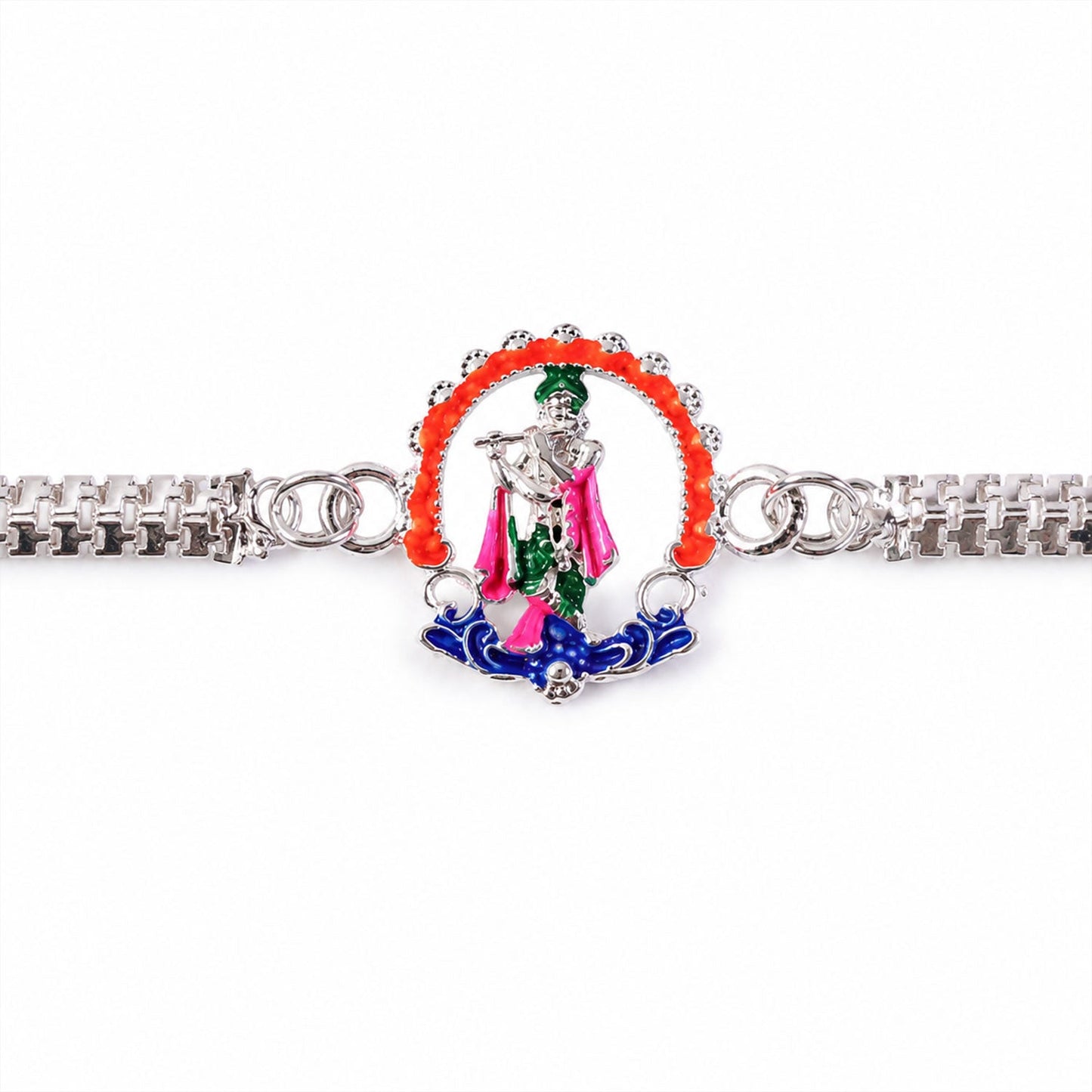 Silver Chain Krishna Rakhi displayed on a white background