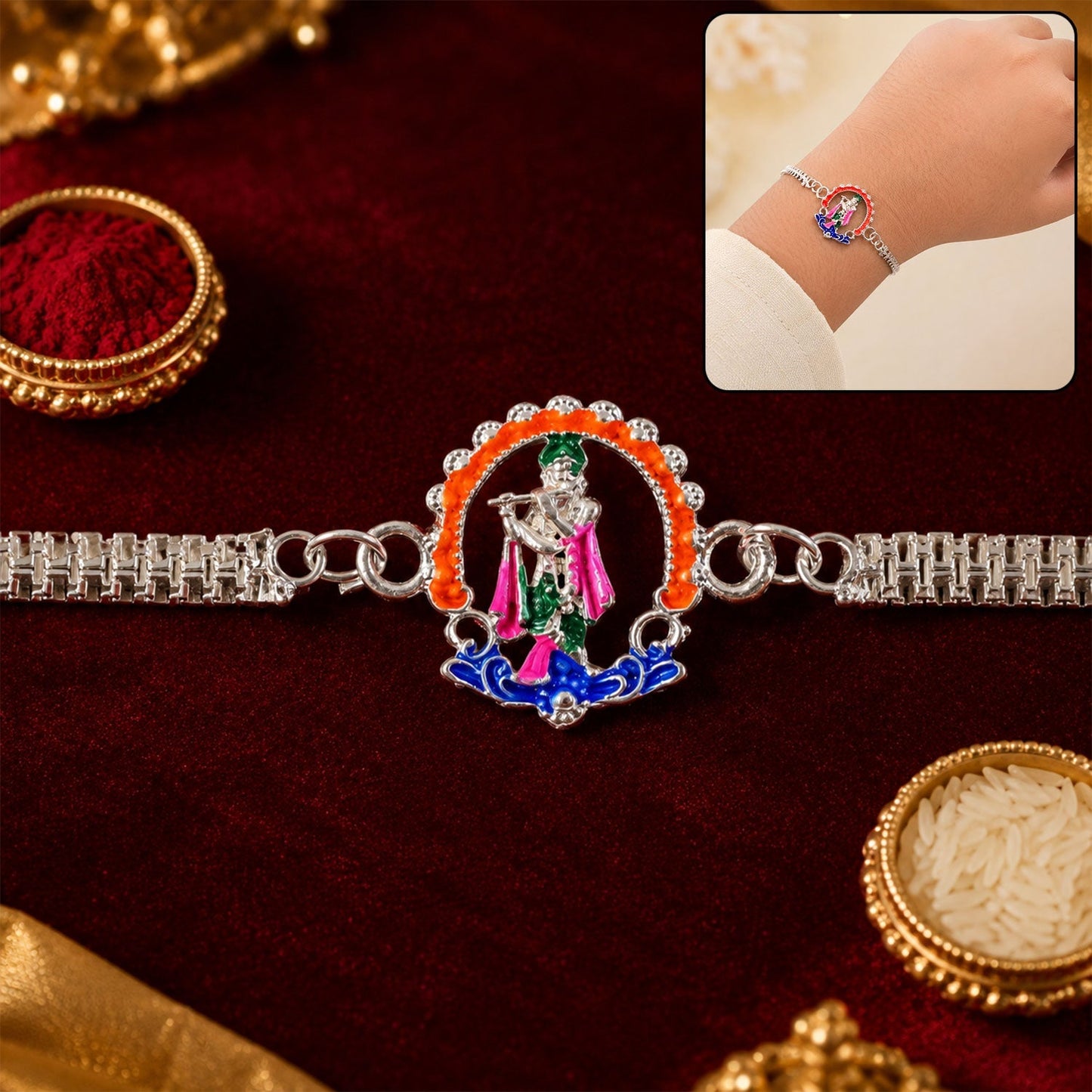 Close-up of elegant Silver Chain Krishna Rakhi with detailed Krishna design