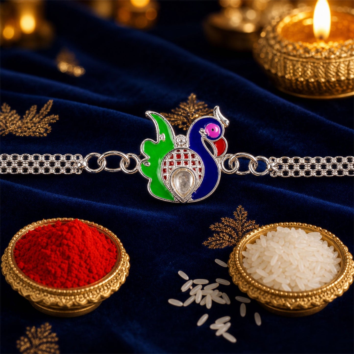 Silver Peacock Rakhi with red thread on white background