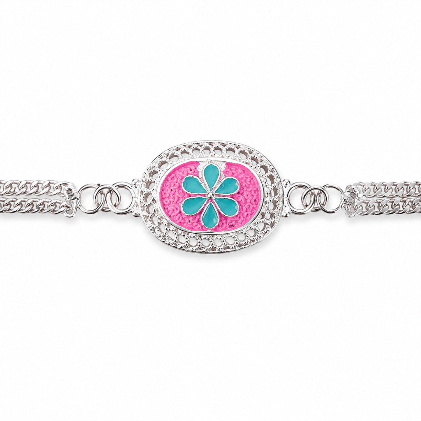Festive Silver Floral Rakhi on a decorative background