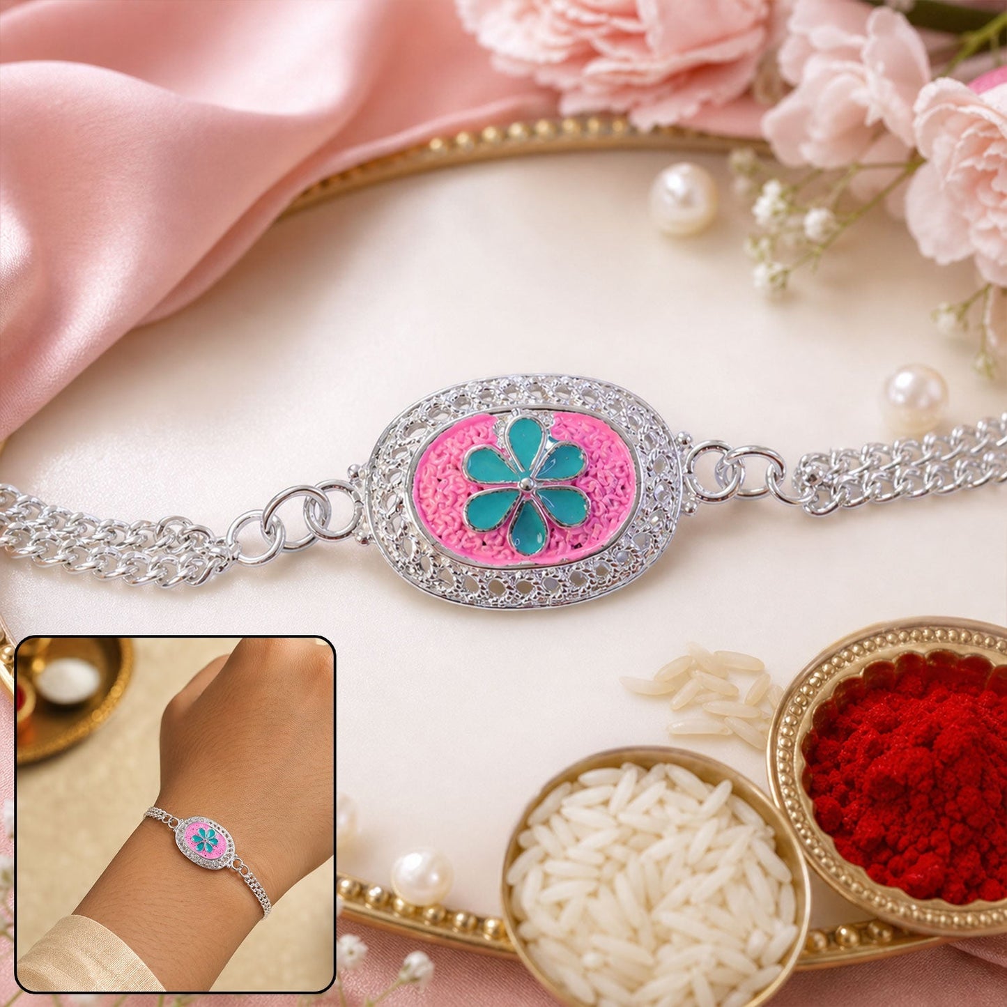 Silver floral design Rakhi with shiny accents for Rakshabandhan