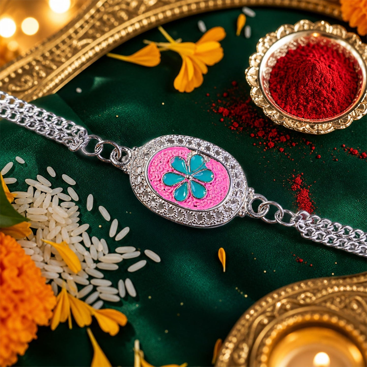 Close-up of silver and floral design Rakhi for festival