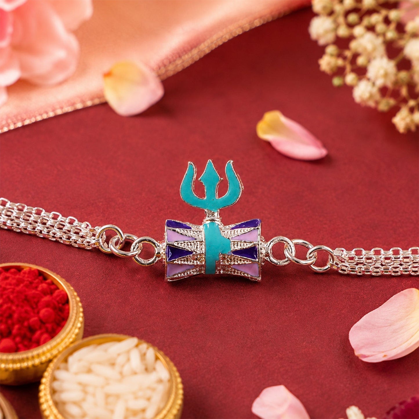 Brother wearing Silver Trishul Rakhi on wrist