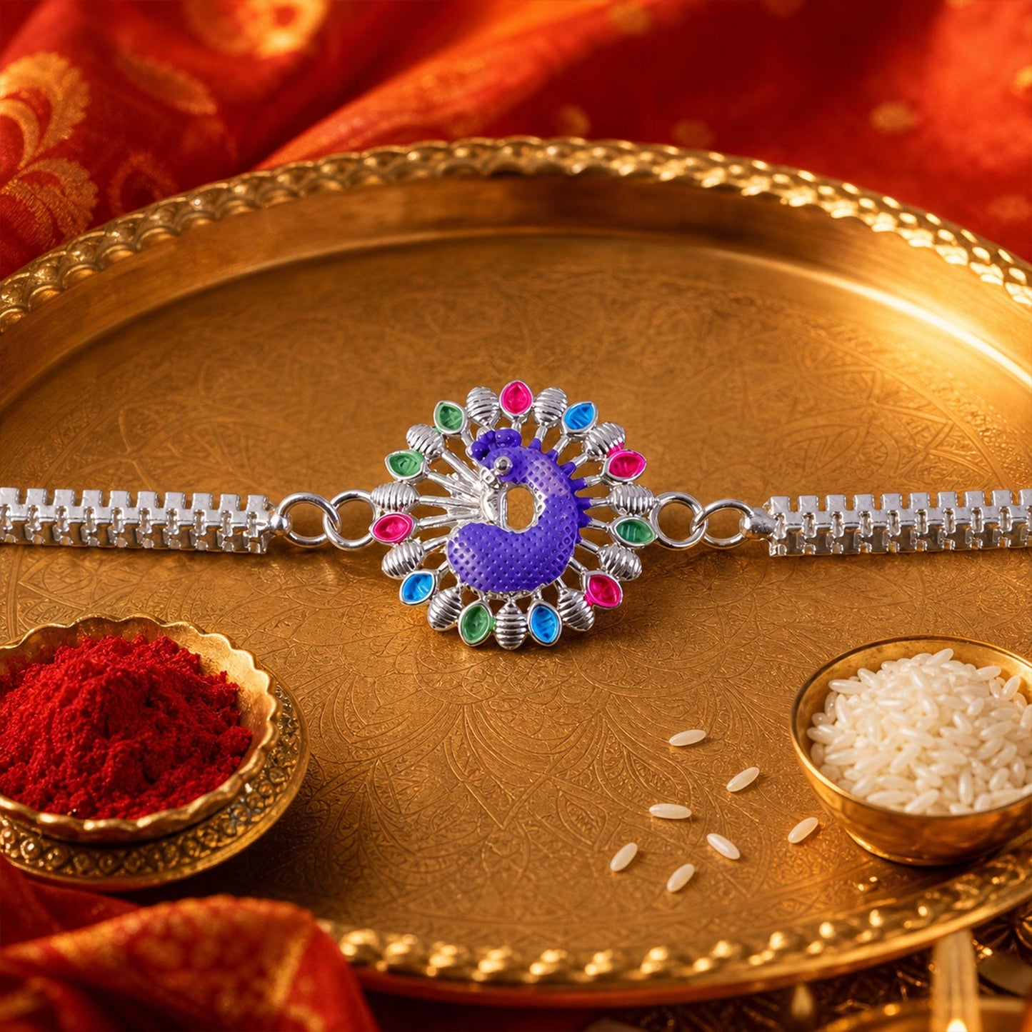 Stylish and vibrant Silver Peacock Meenakari Rakhi for Raksha Bandhan celebrations