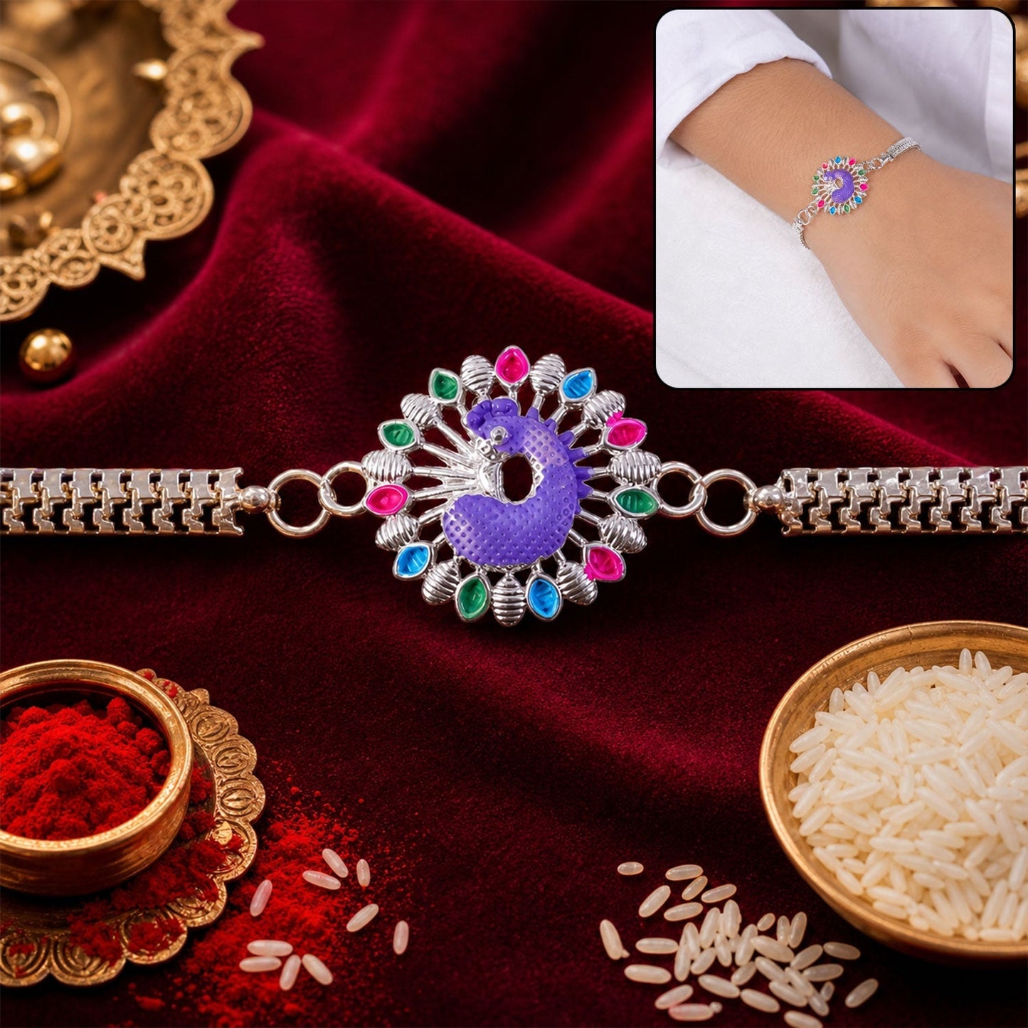 Close-up of a Silver Peacock Meenakari Rakhi with vibrant colours and intricate design