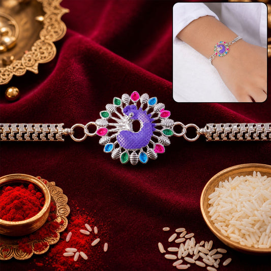 Close-up of a Silver Peacock Meenakari Rakhi with vibrant colours and intricate design