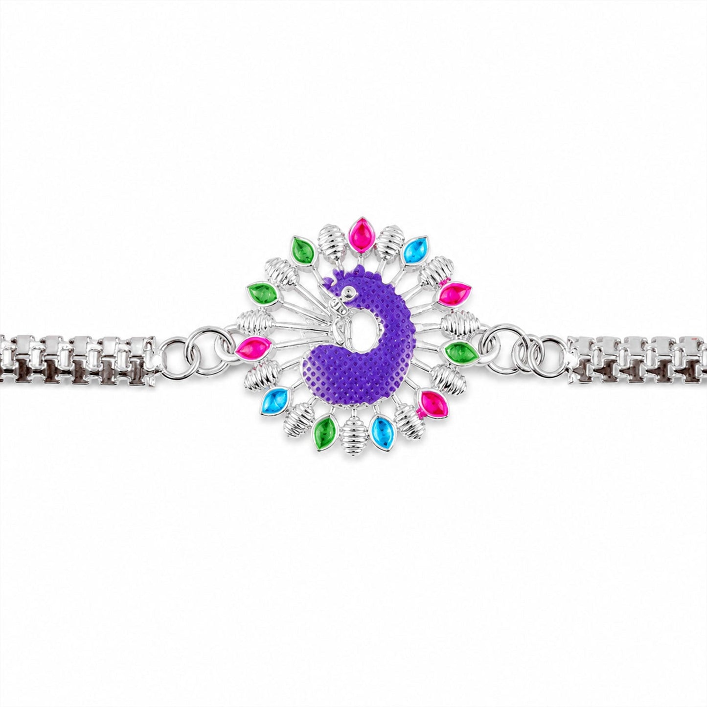 Colorful peacock-themed meenakari Rakhi with intricate craftsmanship