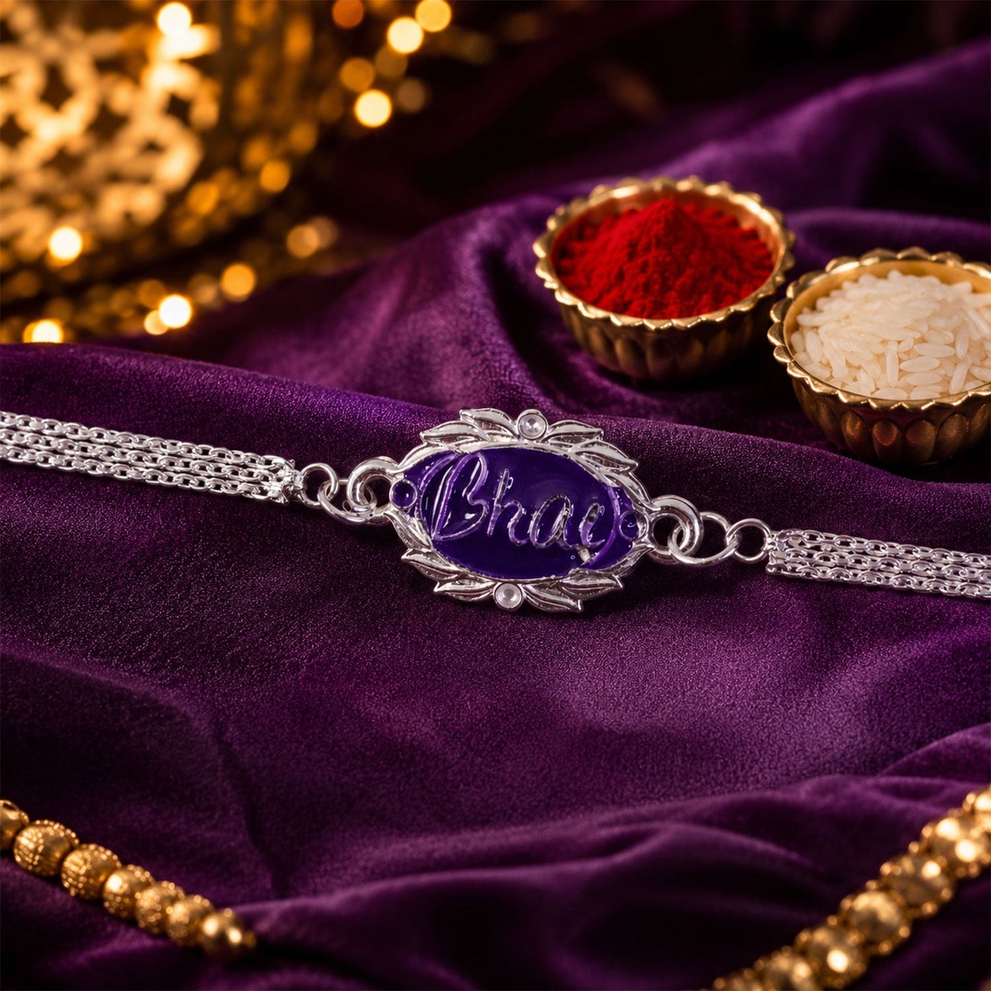Close-up of a Silver Rakhi with intricate design, perfect for Rakshabandhan.