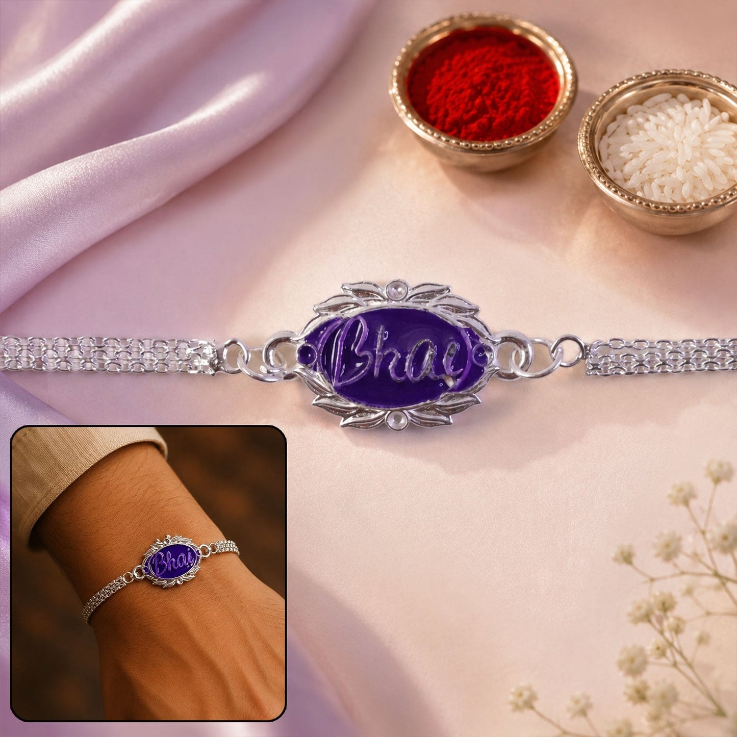 Elegant Silver Rakhi for brothers, ideal for Raksha Bandhan.