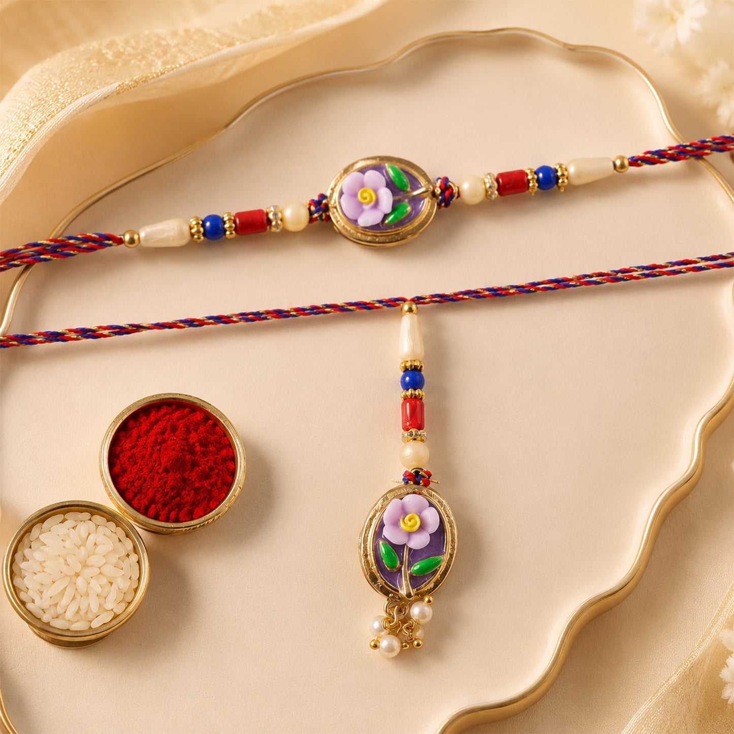 Back view of the intricate Floral Kundan Bhaiya Bhabhi Lumba Rakhi set