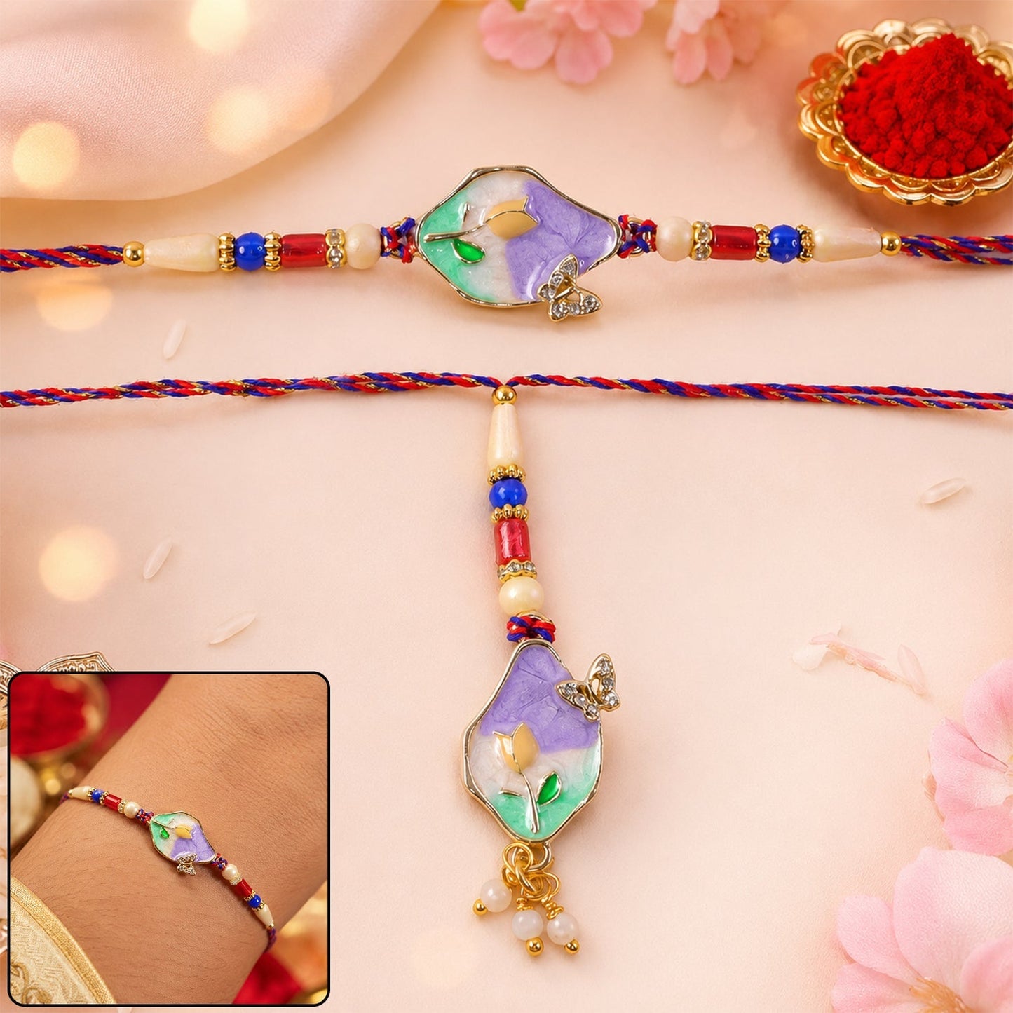 Purple floral kundan Rakhi with beads and intricate design, perfect for Raksha Bandhan