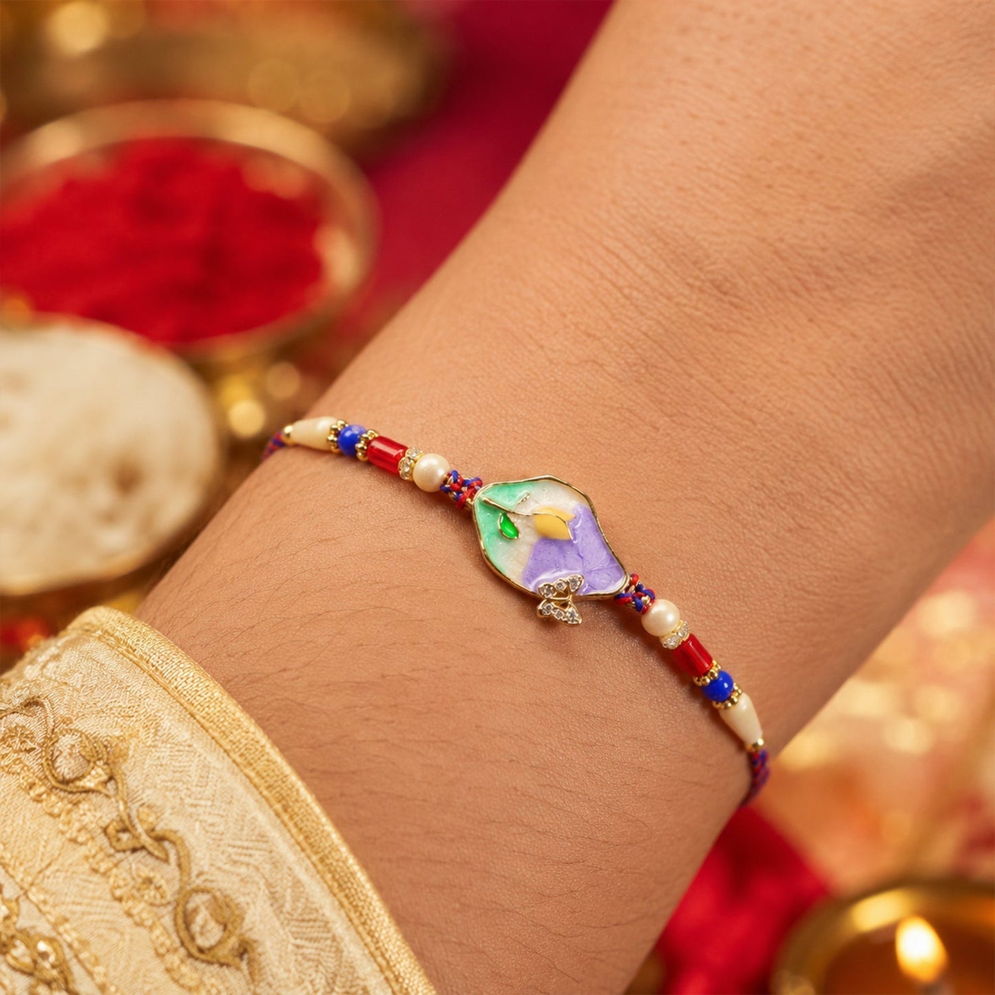 Close-up of purple floral kundan Rakhi showcasing detailed craftsmanship
