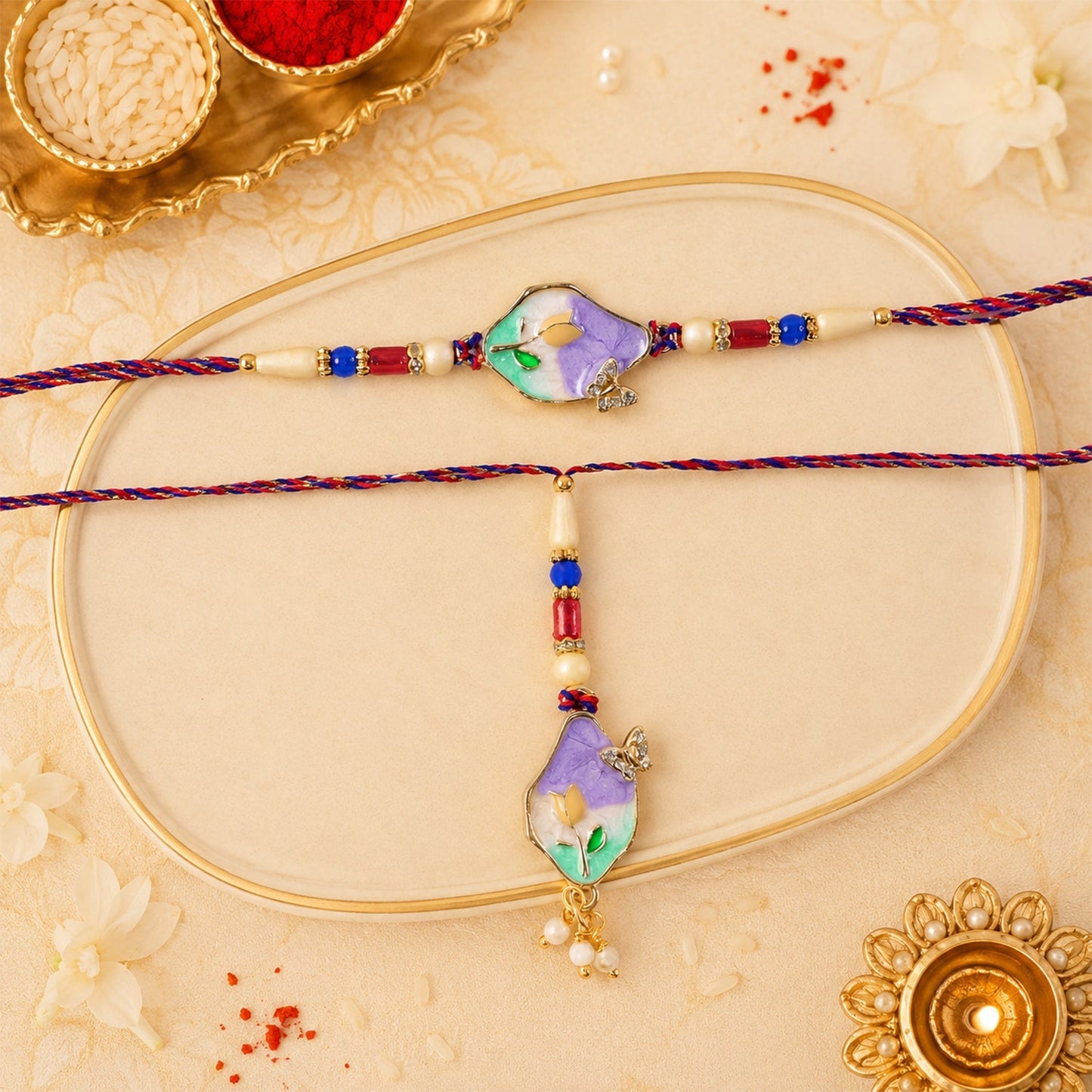 Elegant purple kundan Rakhi with vibrant beads and floral motif, ideal for Raksha Bandhan