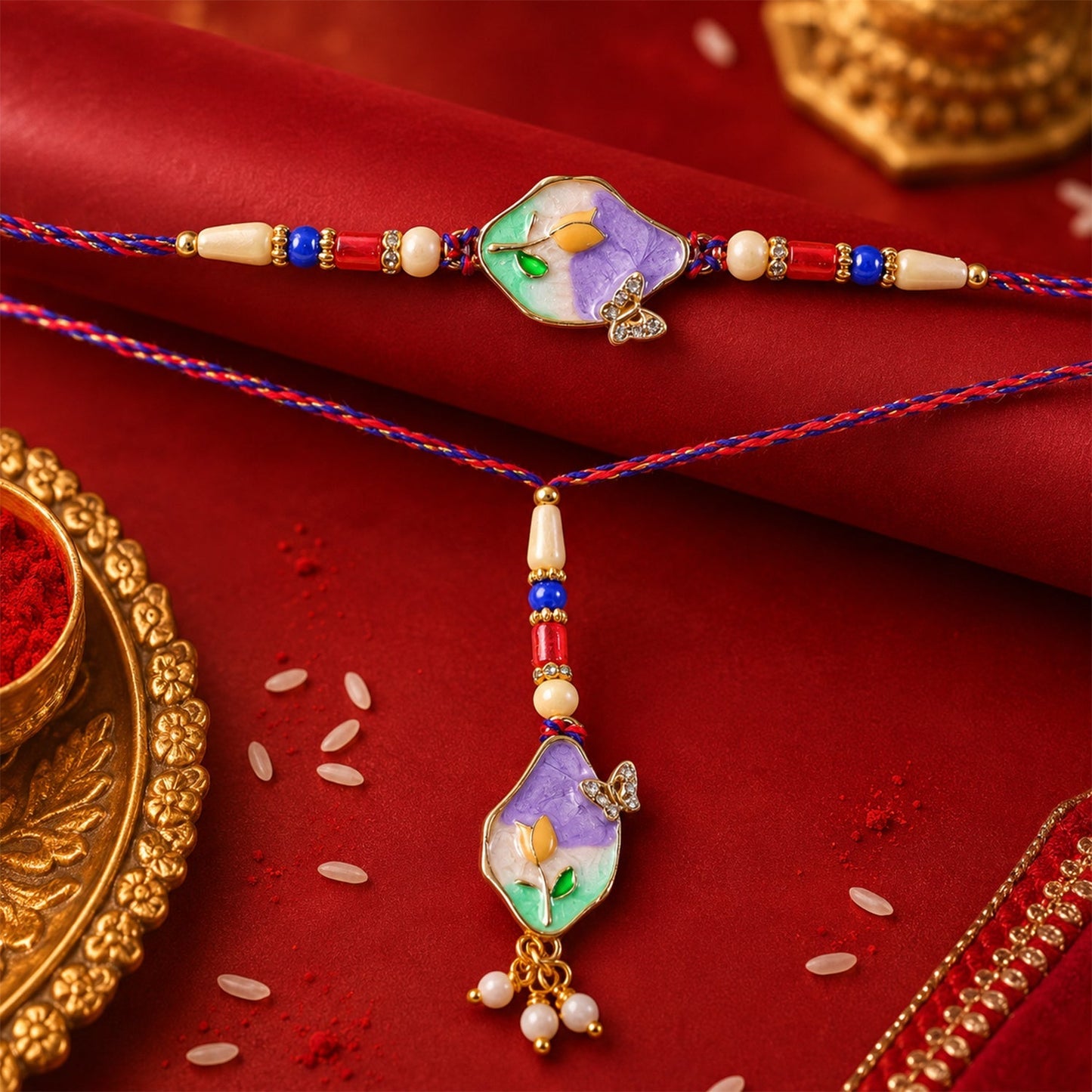 Traditional purple floral kundan Rakhi with modern touch, festive accessory for Raksha Bandhan