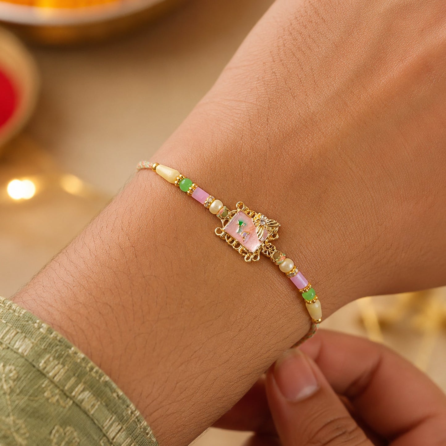 Vibrant pink floral rakhi with beads and intricate threading for Raksha Bandhan.