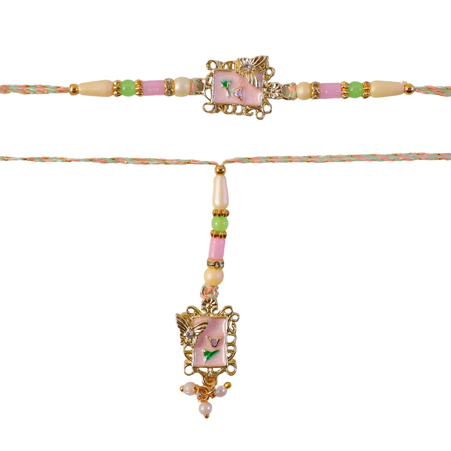 Detailed view of traditional pink floral Rakhi with beads and pearls.