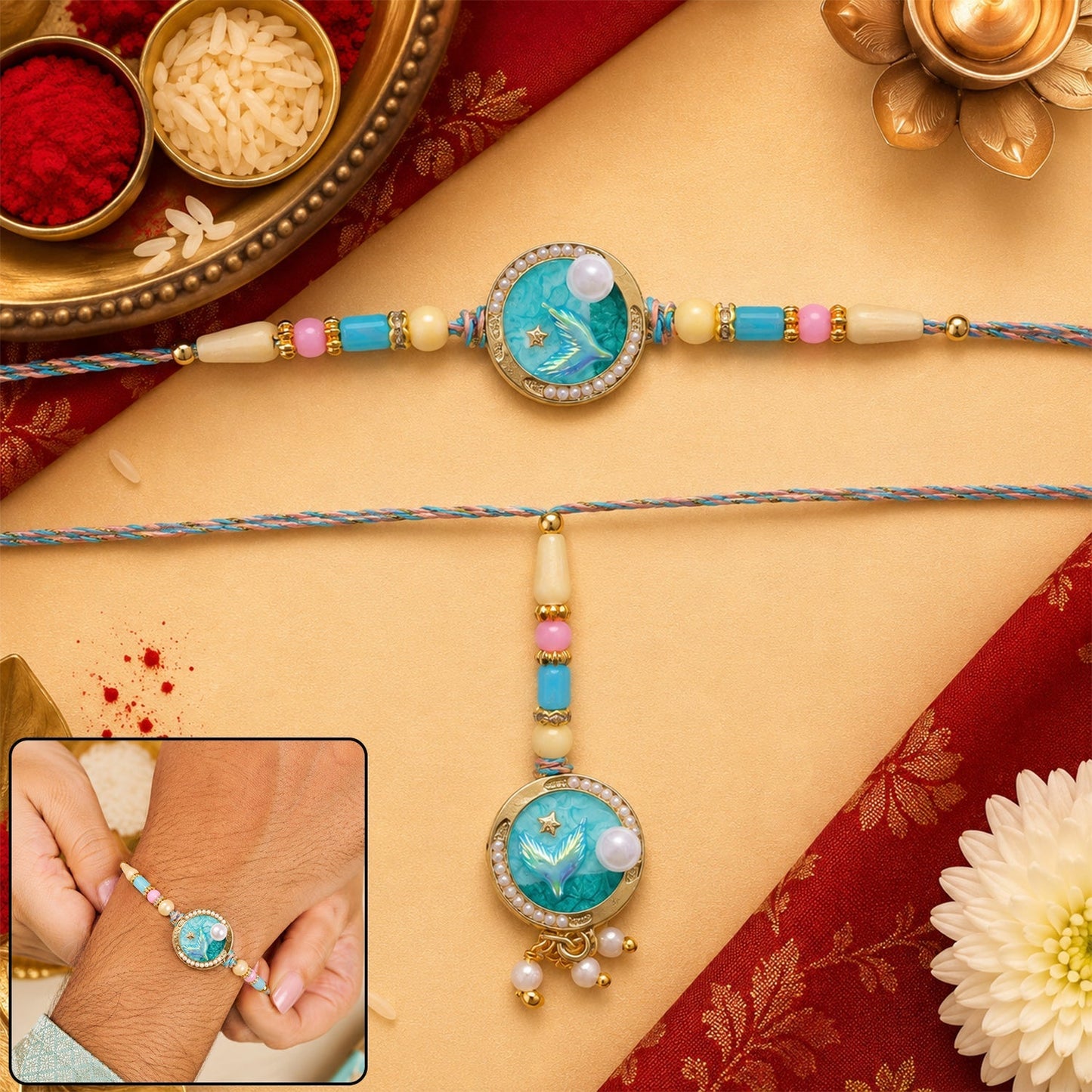 Blue floral kundan pearls lumba rakhi with vibrant beads and delicate design.