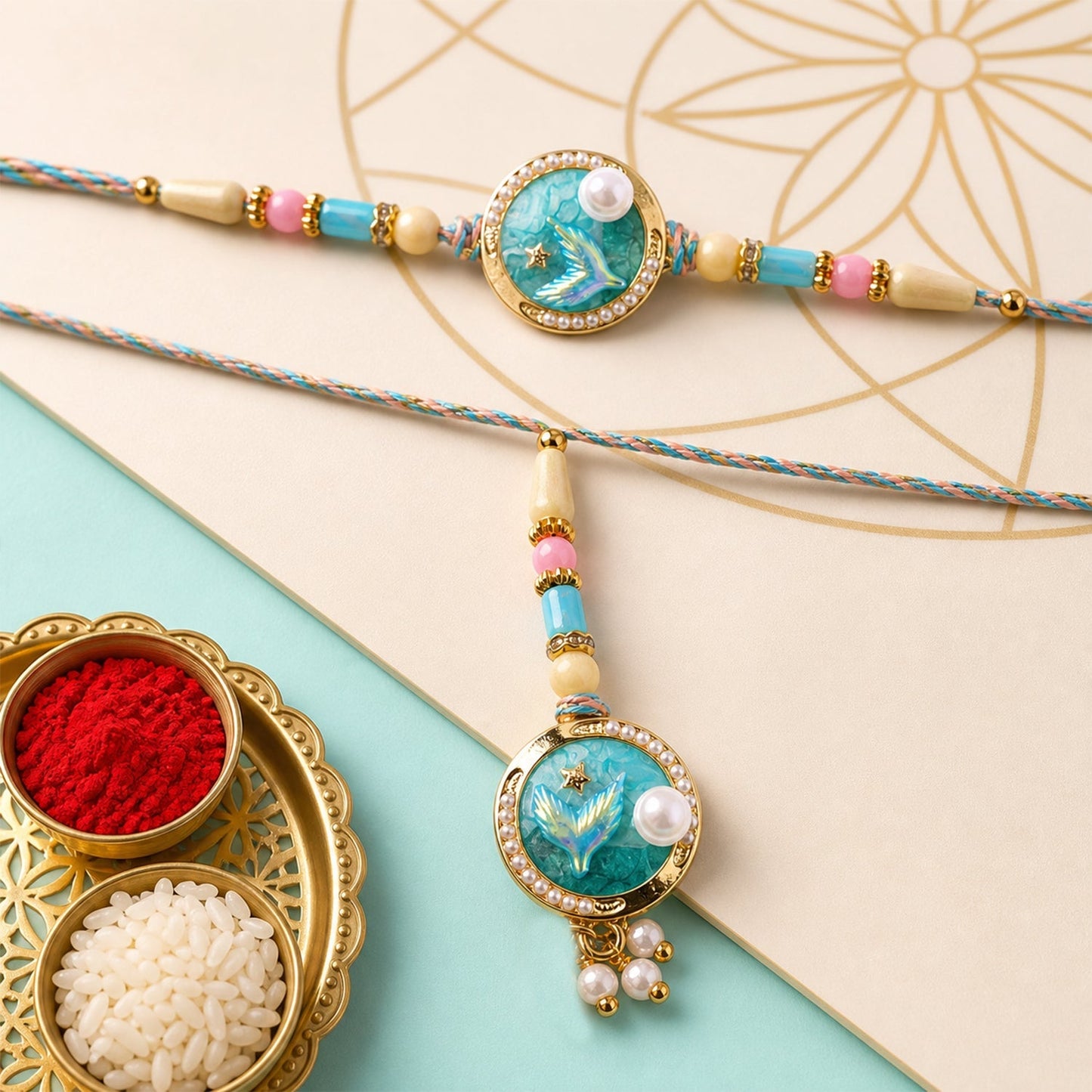 Beautifully designed Blue Floral Kundan Pearls Lumba Rakhi with intricate details.