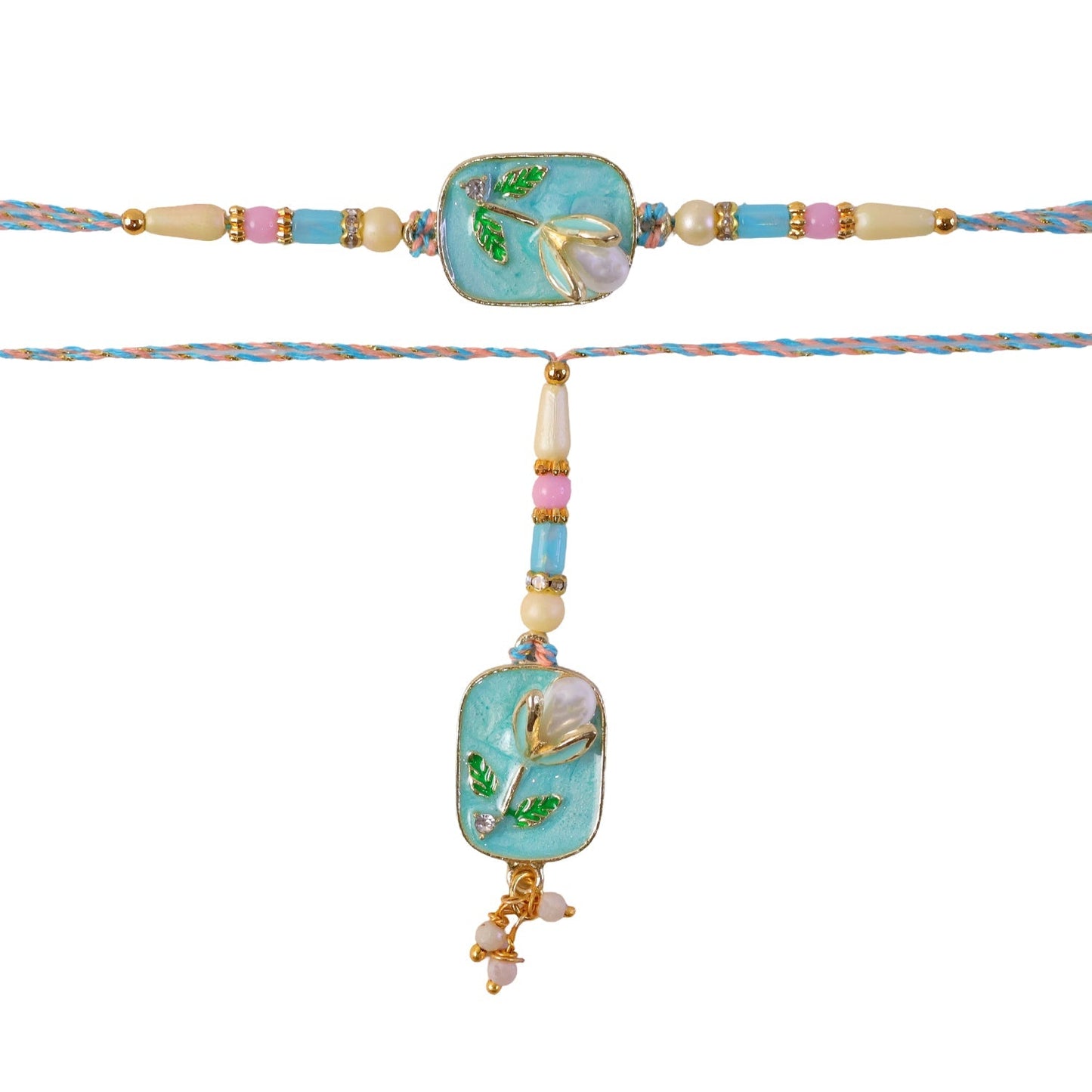Stylish Teal Stone Pearl Rakhi for siblings