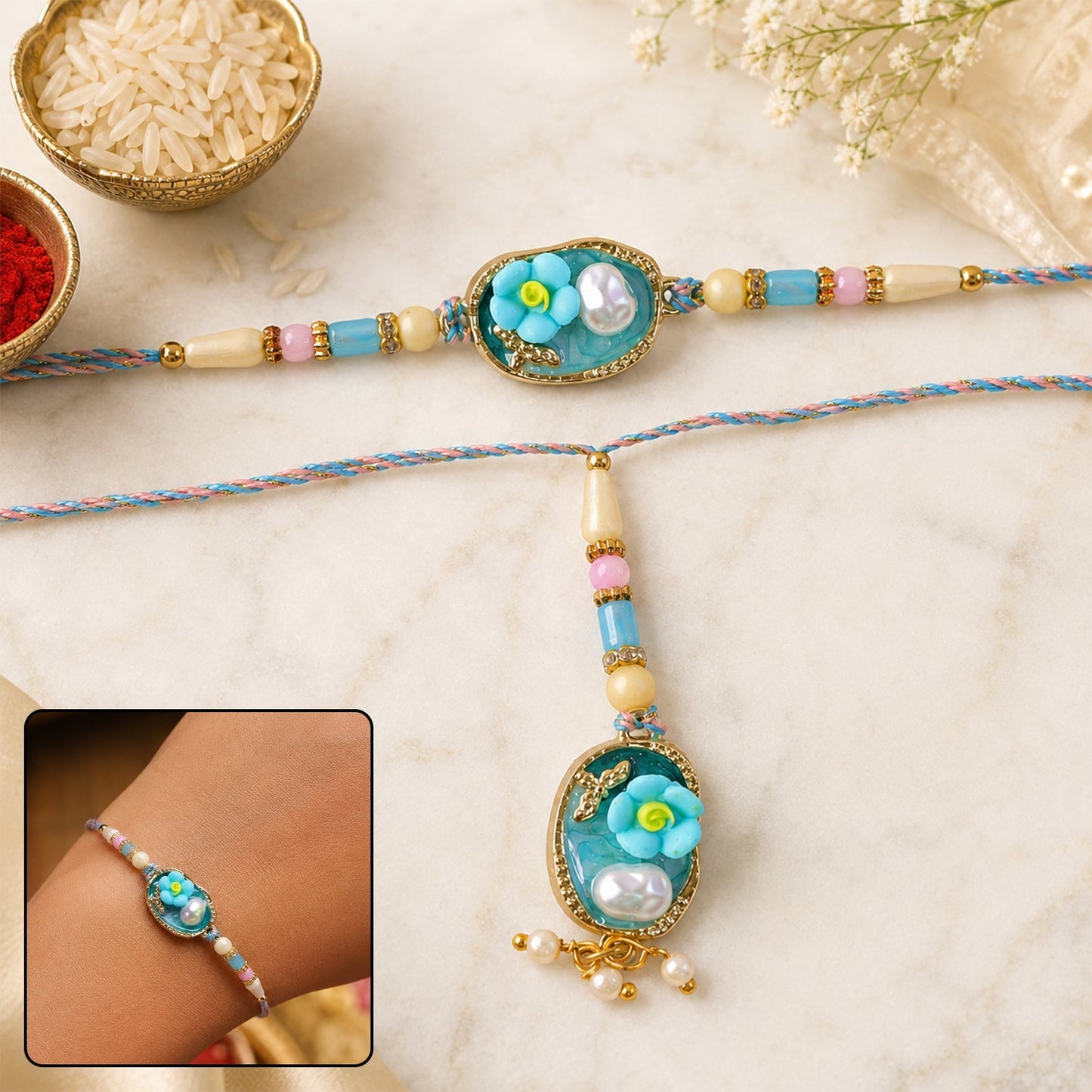 Vibrant Aqua Floral Pearl Lumba Rakhi with beads and pearls